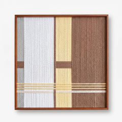 Direct front view of the Diluted Solitude hand-woven wool tapestry showcasing the intricate vertical weaving and horizontal gold metallic accents.