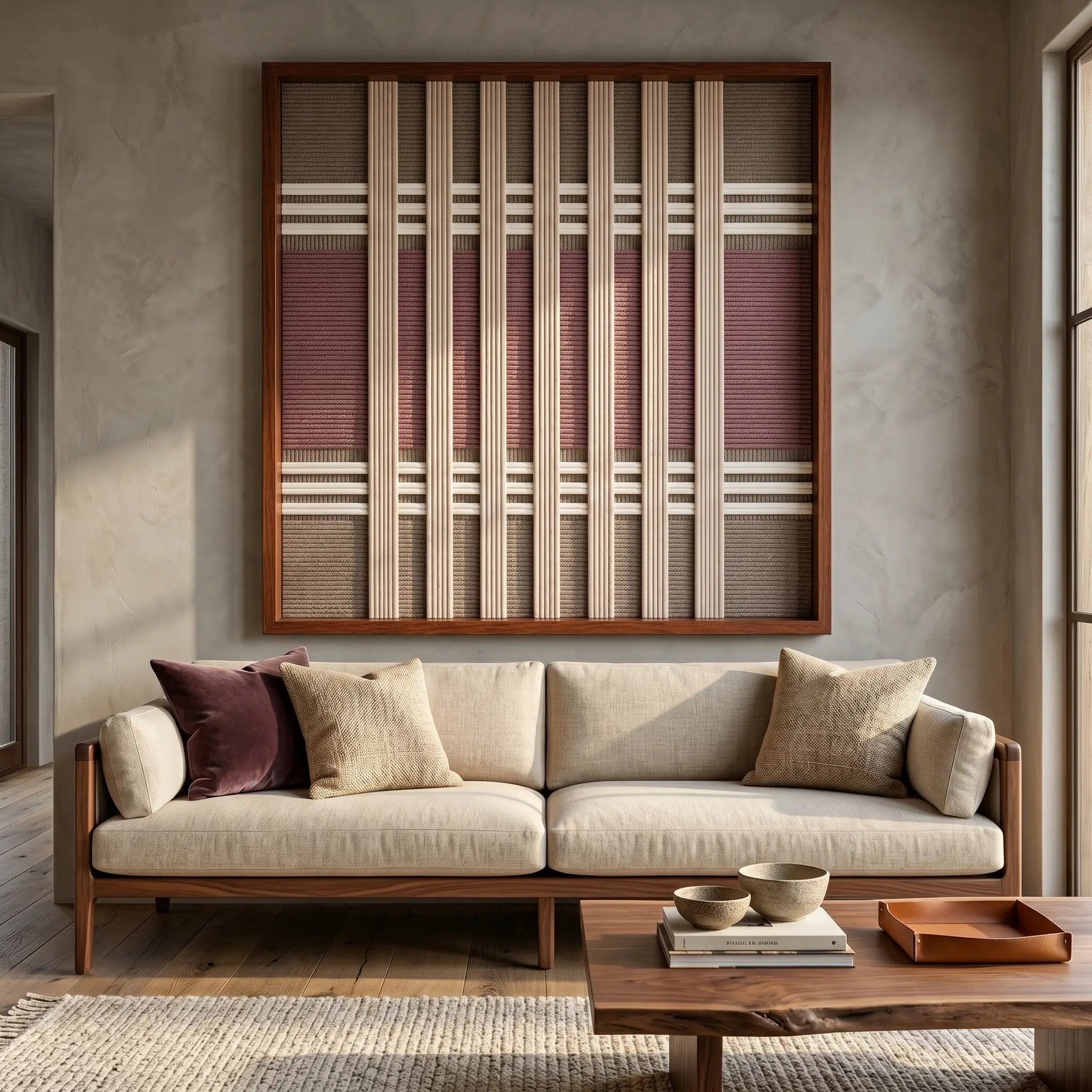 Framed Dusty Tones textile wall art displayed in a bright living room, hanging above a comfortable beige sofa and wooden coffee table.