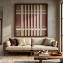Framed Dusty Tones textile wall art displayed in a bright living room, hanging above a comfortable beige sofa and wooden coffee table.