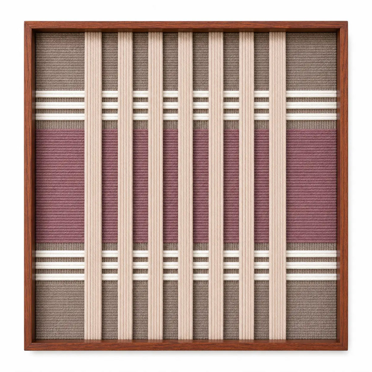 Frontal studio shot of the Dusty Tones square hand-woven textile wall art featuring mauve, pink, and cream vertical geometric stripes in a wooden frame.