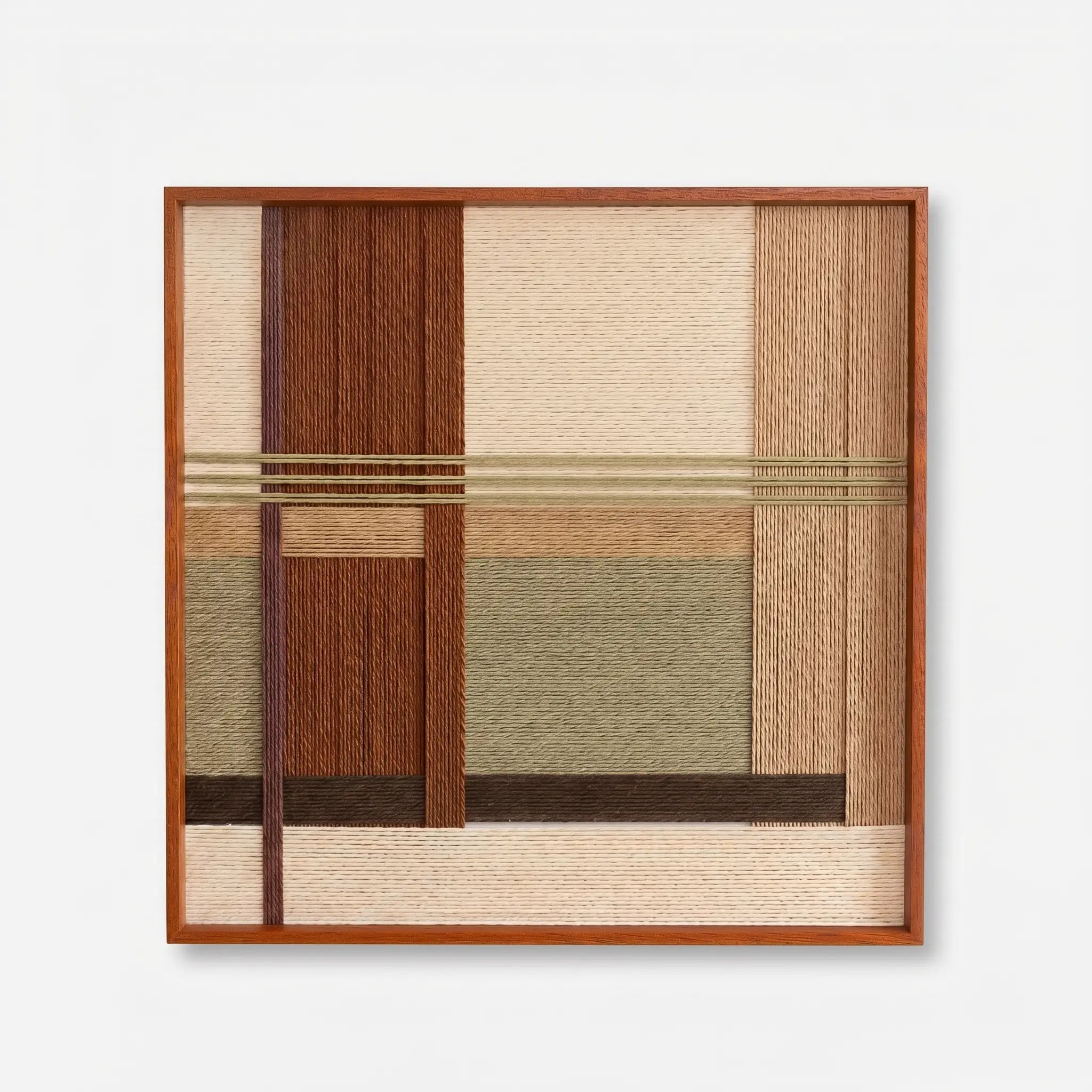 High-resolution front view of Embers of the Wild hand-woven wool tapestry showcasing intricate vertical textures and earthy, organic color blocks.
