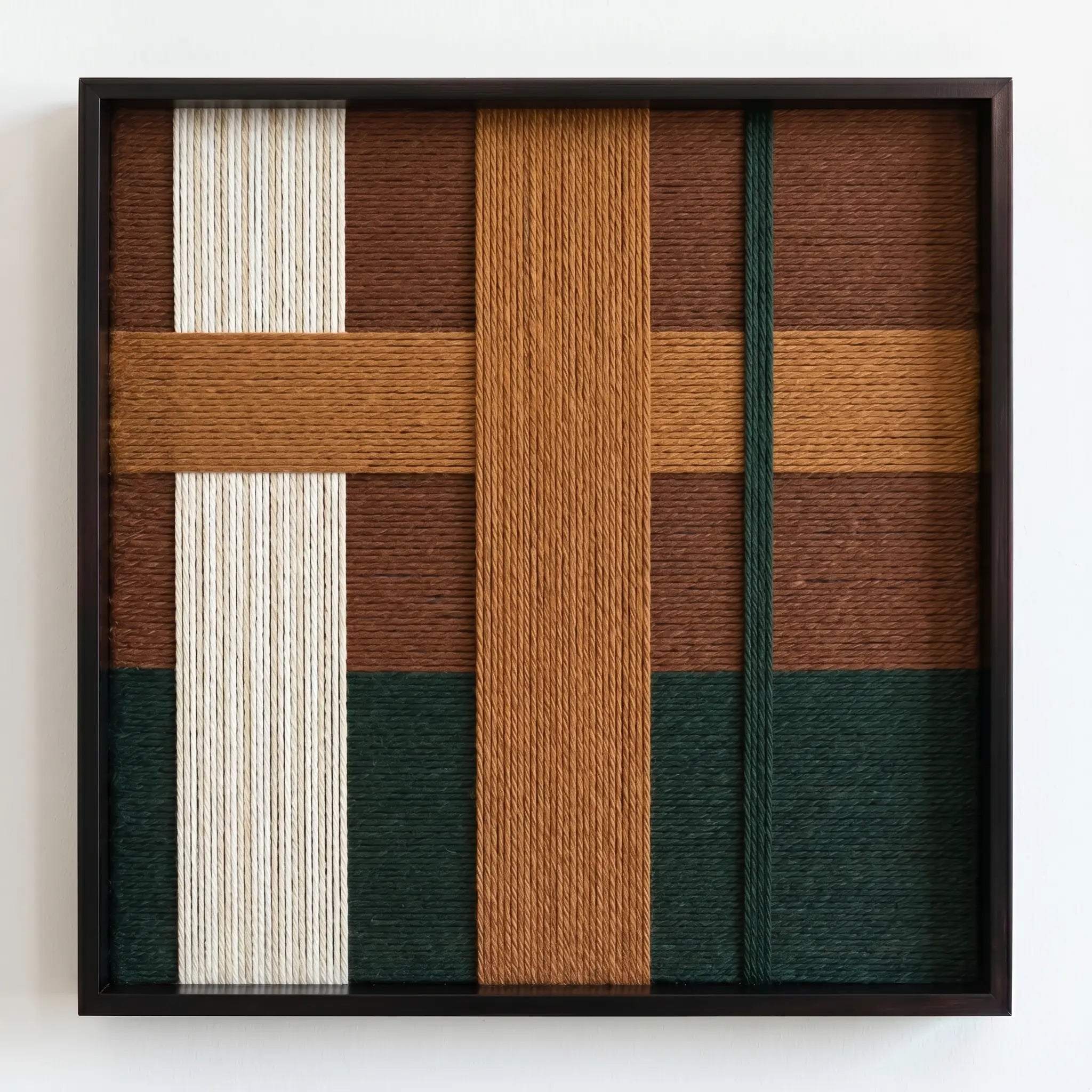 Frontal studio shot of the Emerald Fables hand-woven wool wall art in a square black frame against a clean white background.