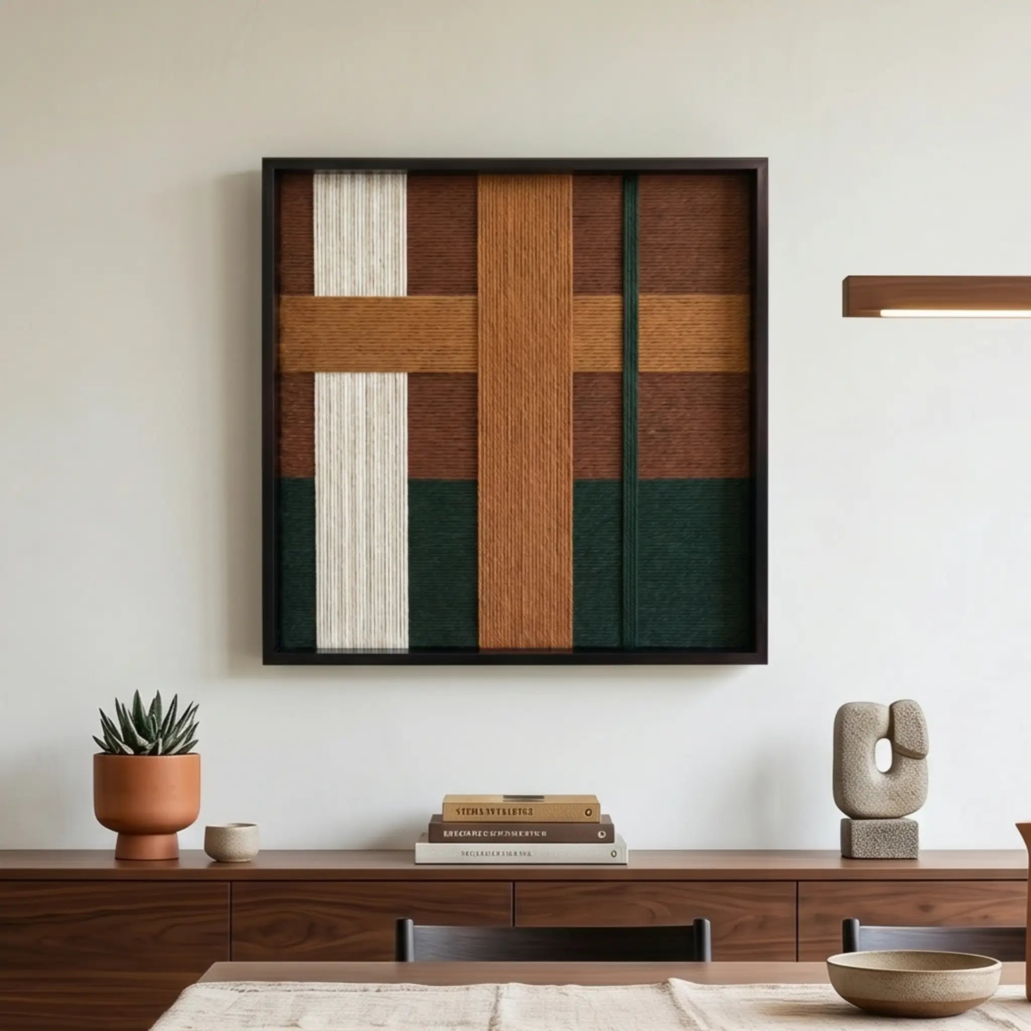 Framed textured fiber art displayed in a sunlit living room above a low walnut sideboard with minimalist terracotta pottery.