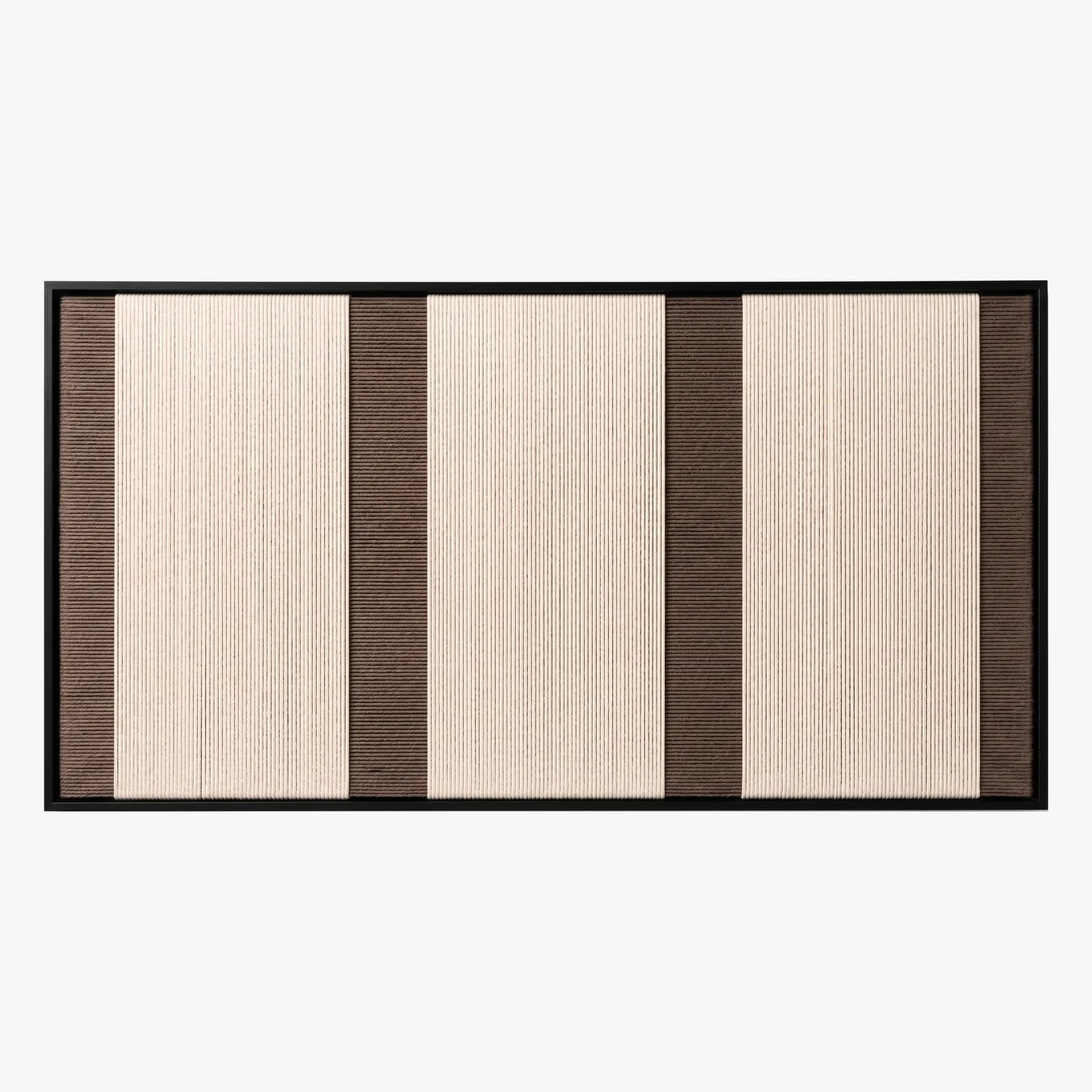 Frontal studio shot of the Eternal Colonnade rectangular hand-woven tapestry, showing cream and dark brown geometric stripes in a black frame.