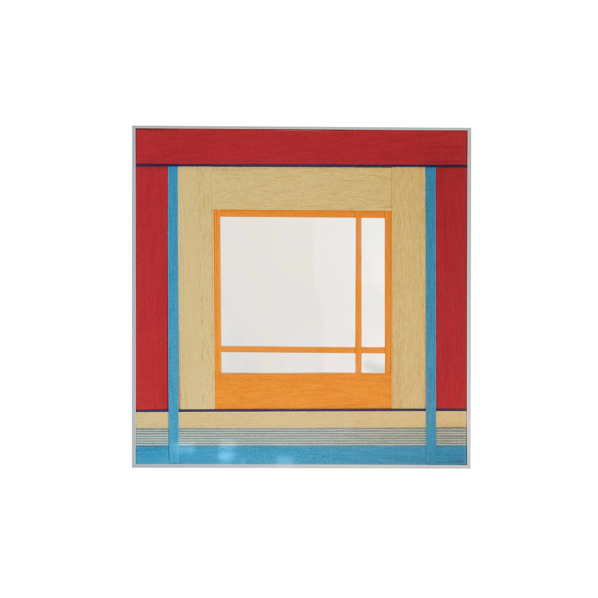 Studio front view of the square wall mirror featuring a unique hand-woven wool frame in bright red, yellow, and blue tones.