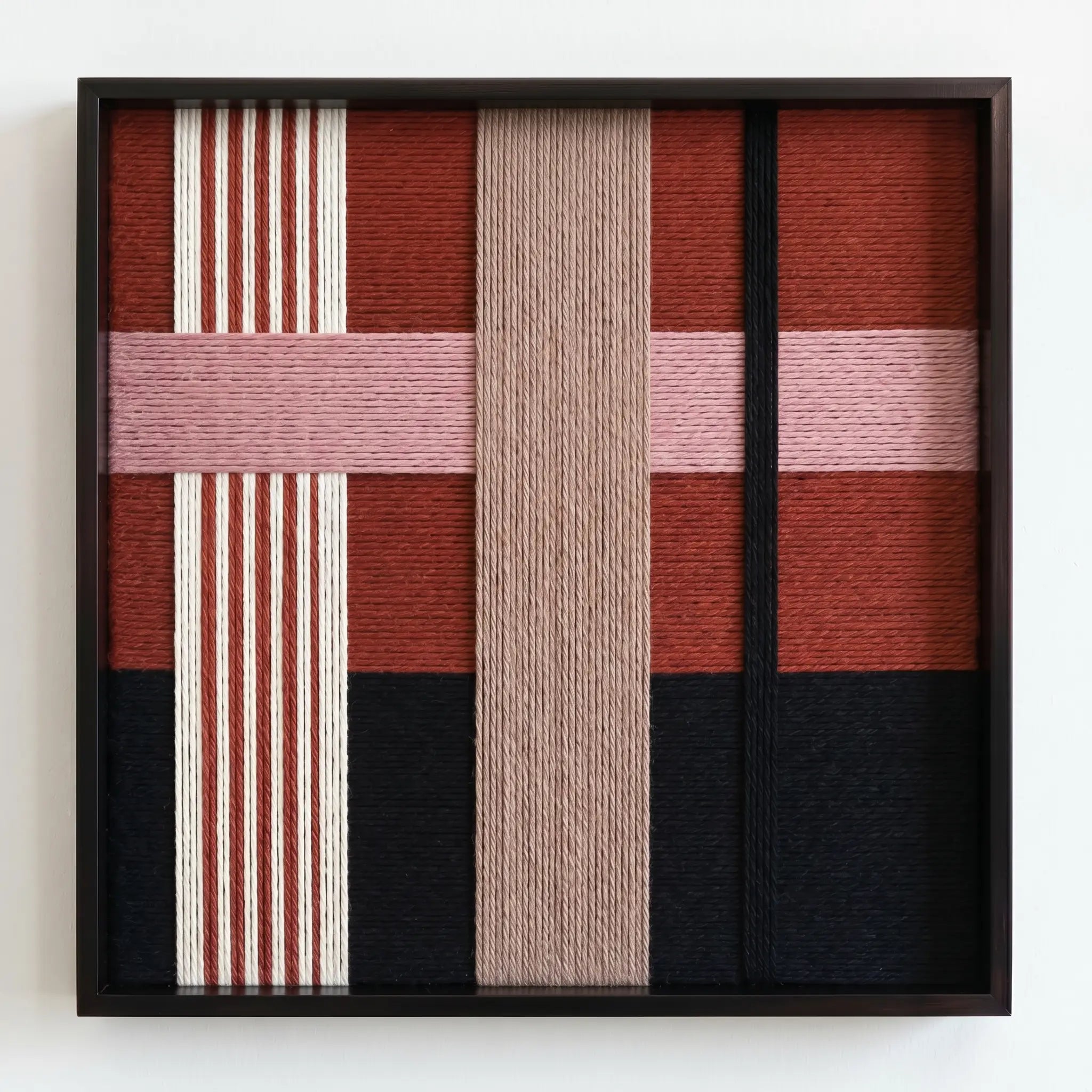 Frontal studio shot of the Flower-Bed Secrets hand-woven wool wall art in a black frame against a clean white background.