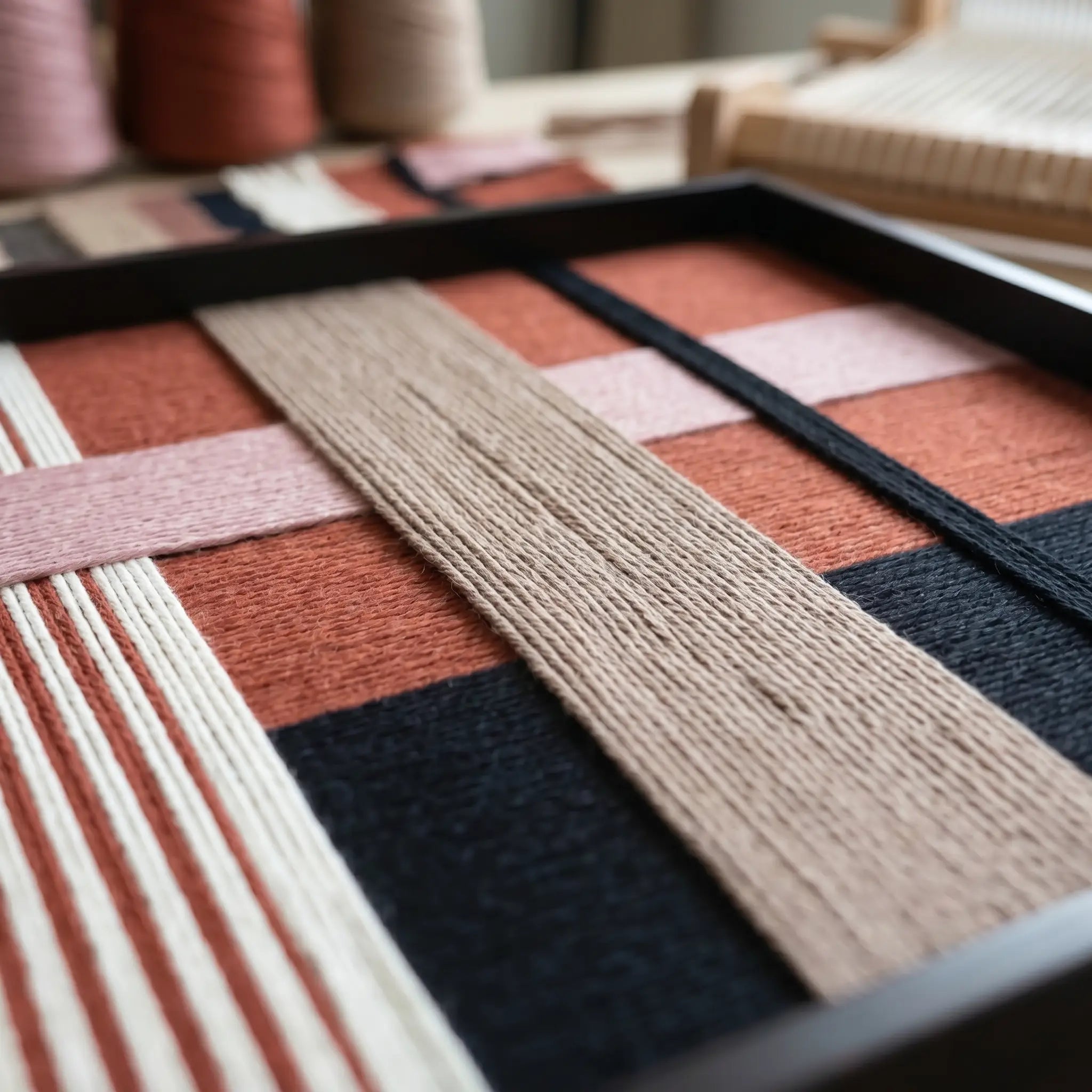 An angled close-up view of the framed fiber wall art in a studio setting, showcasing the dimensional depth and structural layering of the yarn.