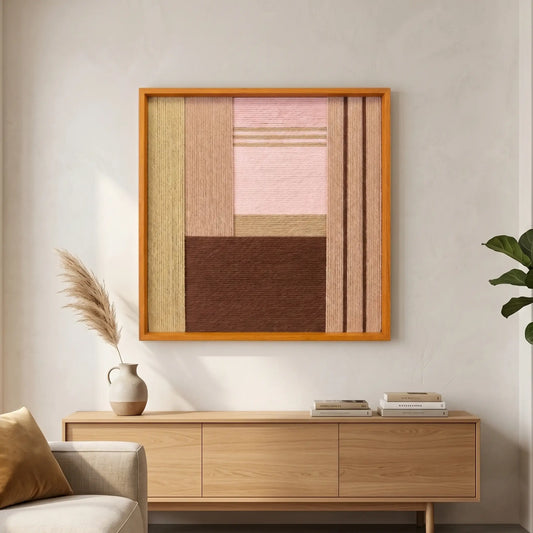 Large hand-woven wool tapestry displayed above a light wood sideboard in a bright, modern living room with pampas grass decor.