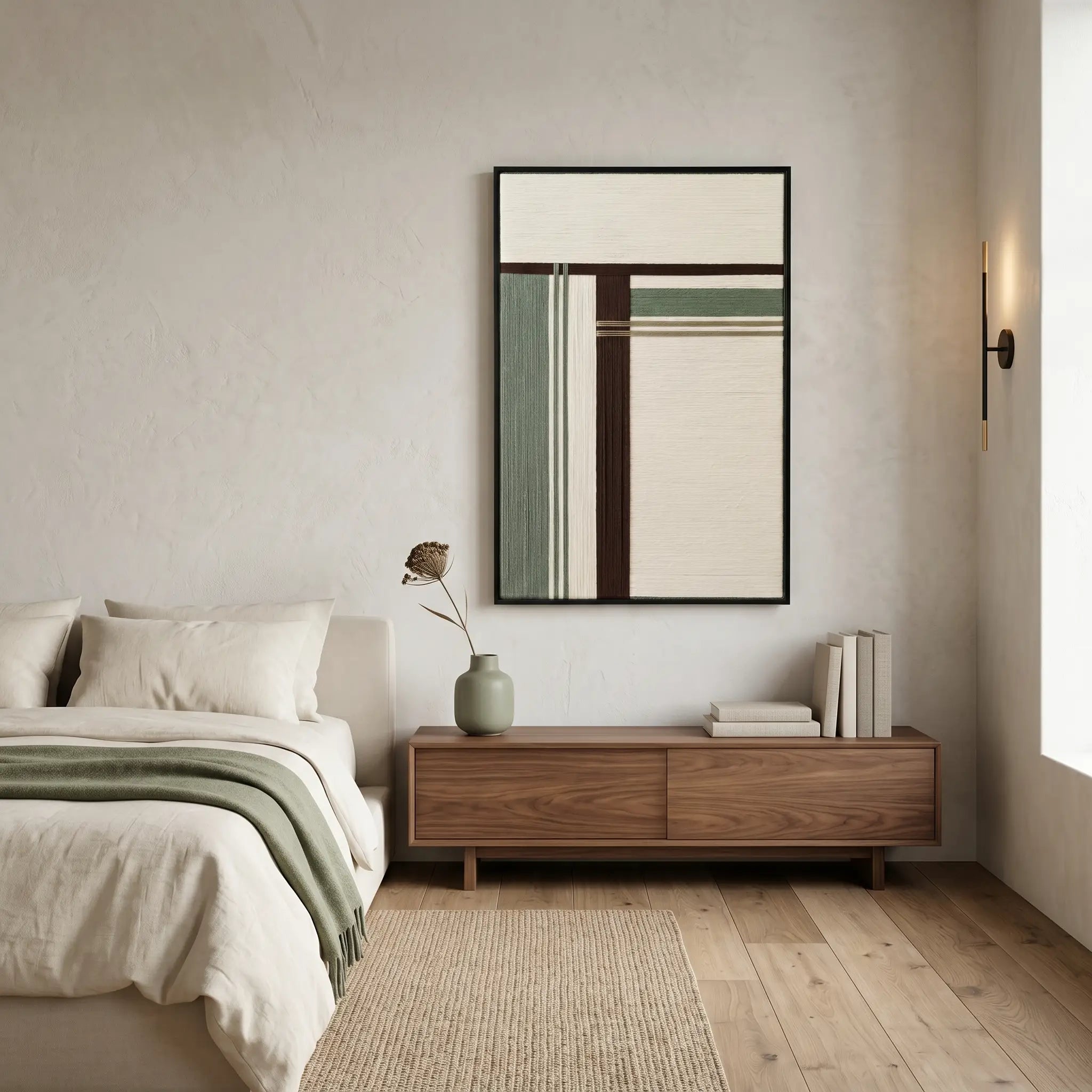 Framed fiber wall art styled in a peaceful bedroom above a wooden console, complementing the cream linens and natural lighting.