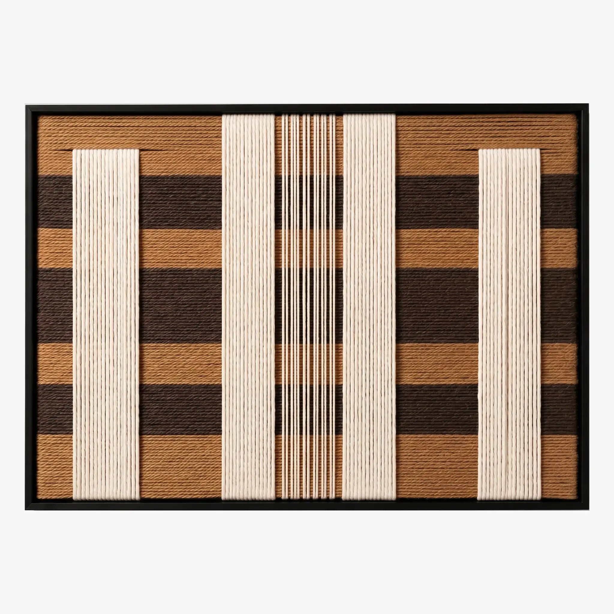 Frontal studio shot of the Forgotten Gateway rectangular hand-woven tapestry, showing minimalist cream and brown geometric stripes on white background.
