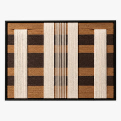 Frontal studio shot of the Forgotten Gateway rectangular hand-woven tapestry, showing minimalist cream and brown geometric stripes on white background.