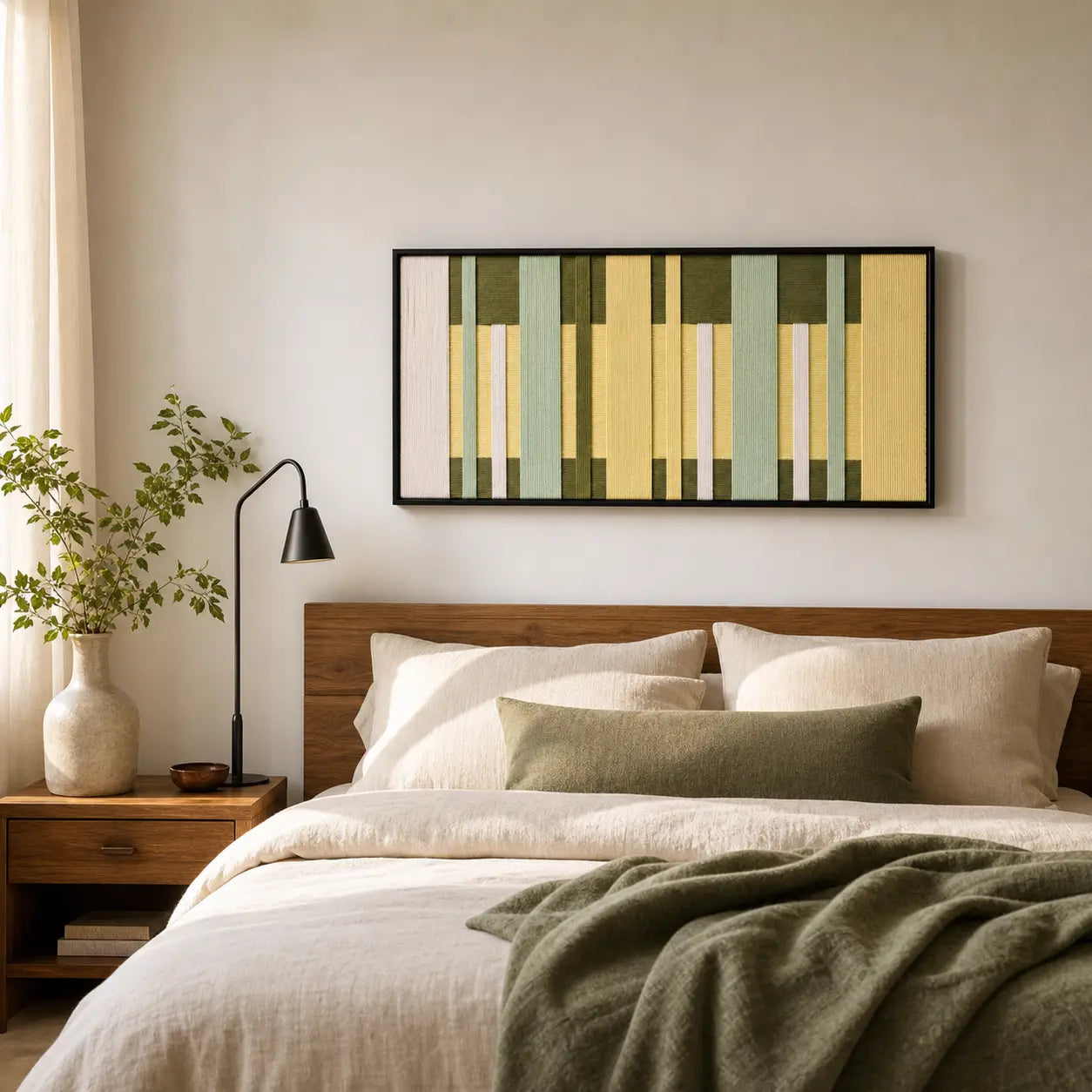 A beautiful framed Garden Interval wool tapestry hanging elegantly above a neatly styled bed with matching green bedding in a cozy room.