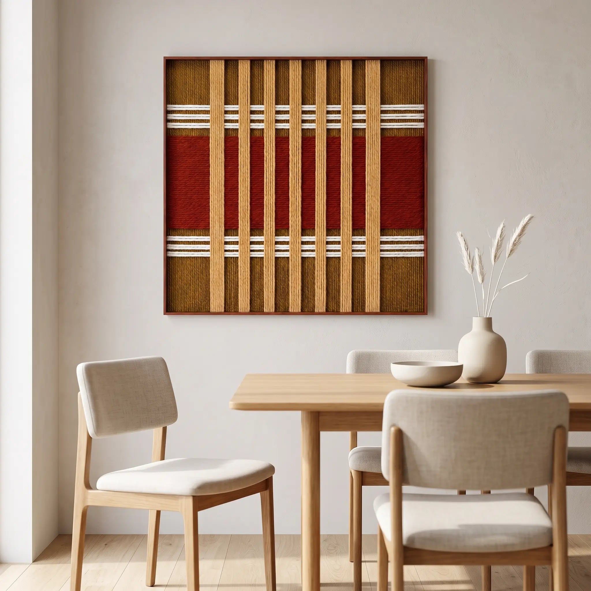 The Gilded Coronation hand-woven wool tapestry hangs elegantly above a wooden dining table in a bright, modern dining room setting.