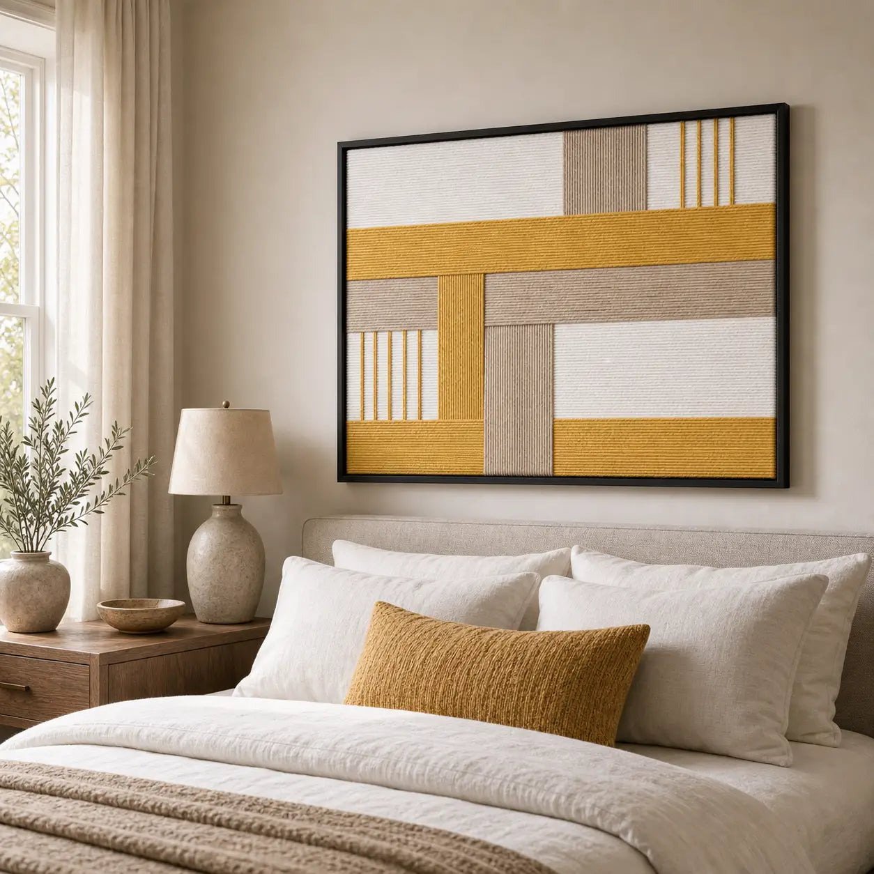 Large framed Golden Interval wool tapestry hanging elegantly above a neatly styled bed with matching yellow and white bedding.