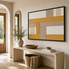 Striking Golden Interval framed wall art styled in a bright entryway hallway, hanging above a sleek modern console table.