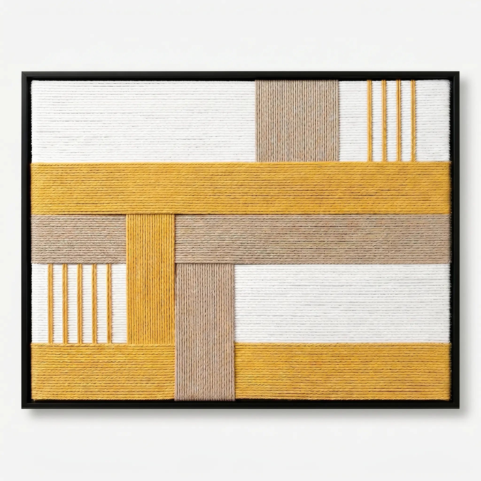 Frontal studio shot of the Golden Interval hand-woven wool wall art featuring yellow and beige geometric patterns in a black frame.