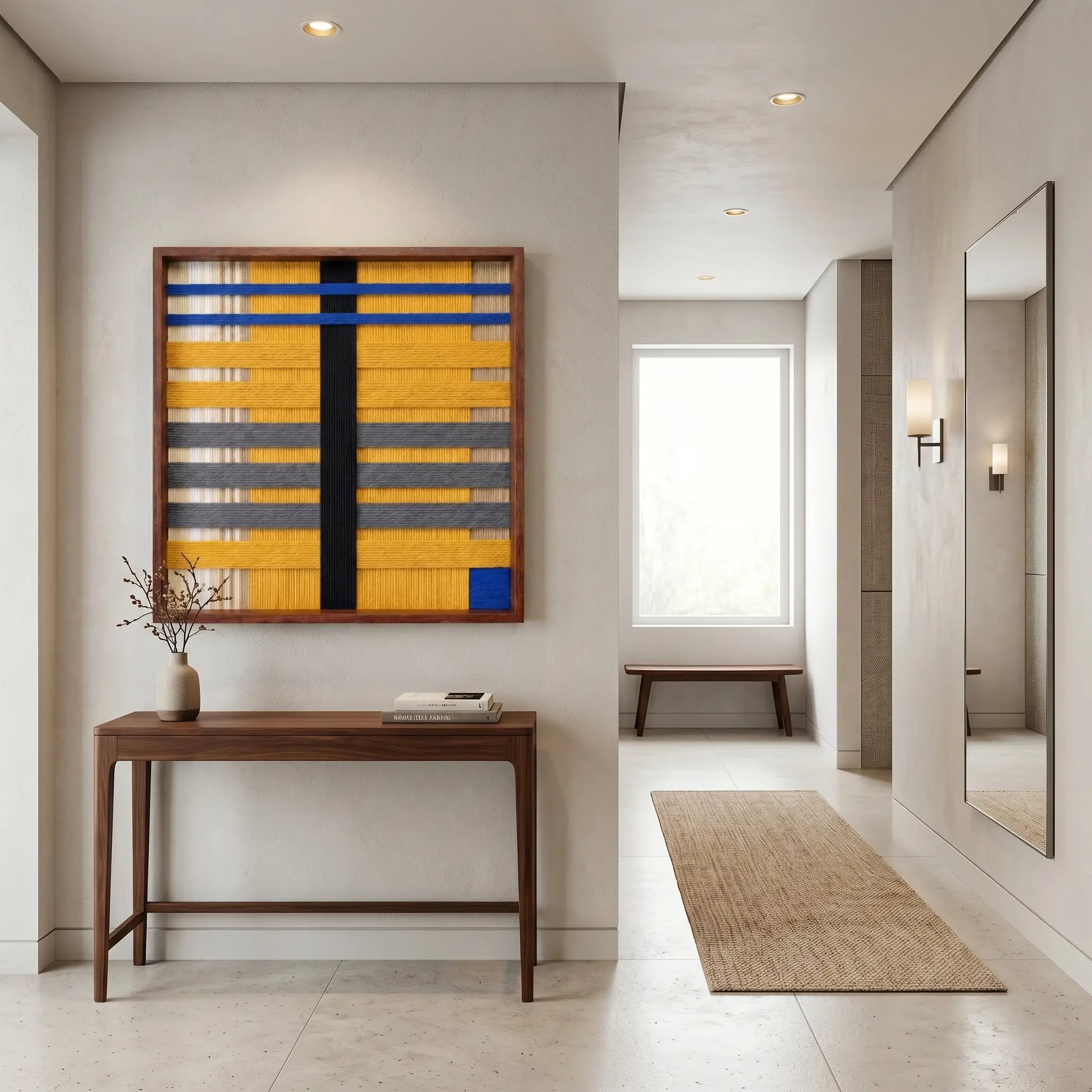 Square vibrant textured wool art creating a striking focal point at the end of a well-lit minimalist hallway above a slim wooden console.