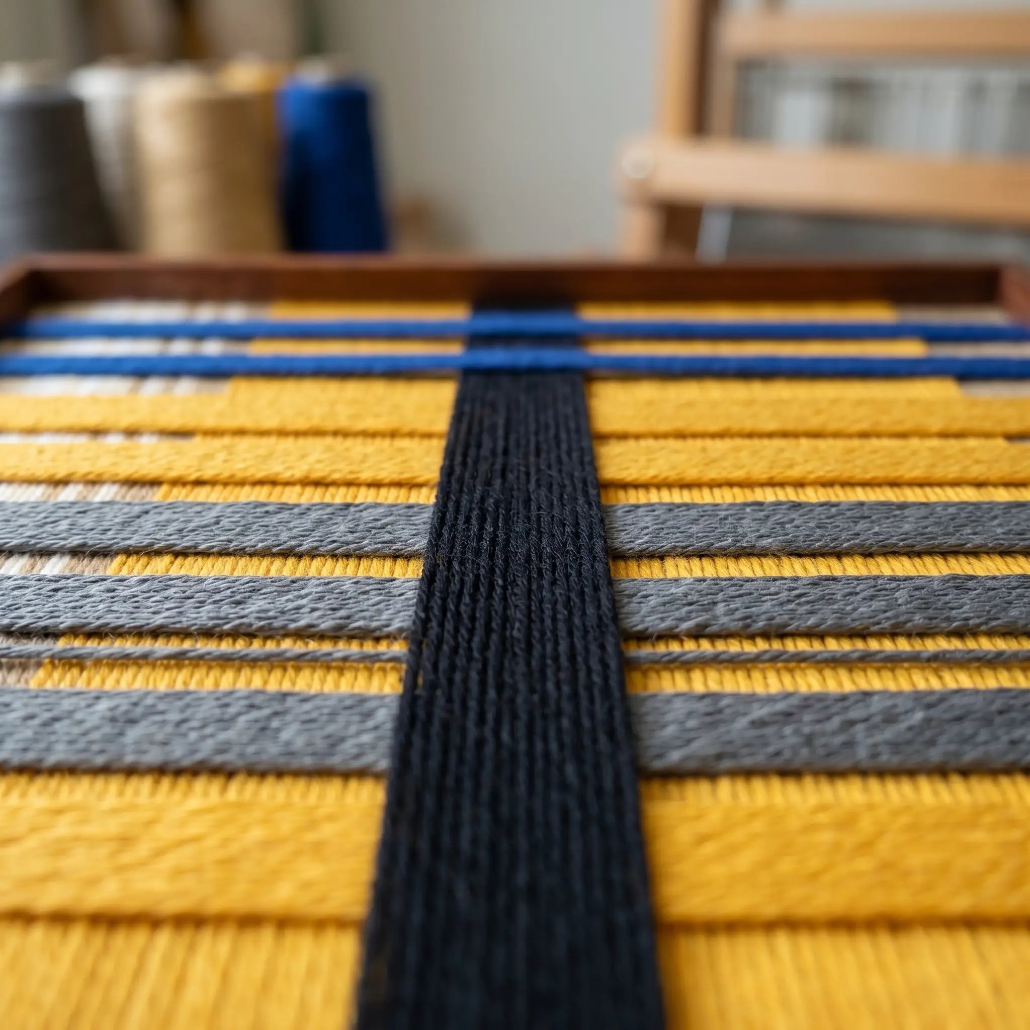 Macro close-up of the Golden Monsoon fiber art highlighting the structural layering of the raised black vertical yarn over horizontal mustard yellow, grey, and blue bands.