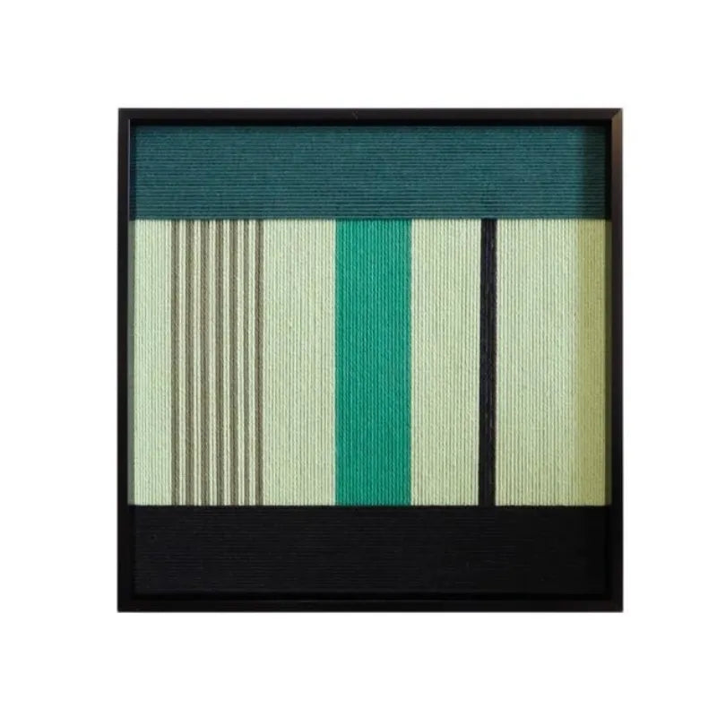 Front view of Green Branches yarn wall art on a plain white background, showing exact square proportions and clean stripe pattern.
