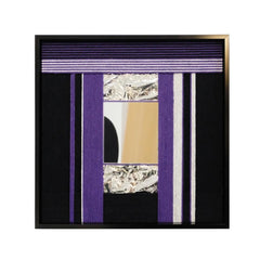 Front view of HOUTIAN yarn mirror wall art on a plain white background, showing exact square proportions and the clean purple-black stripe pattern.
