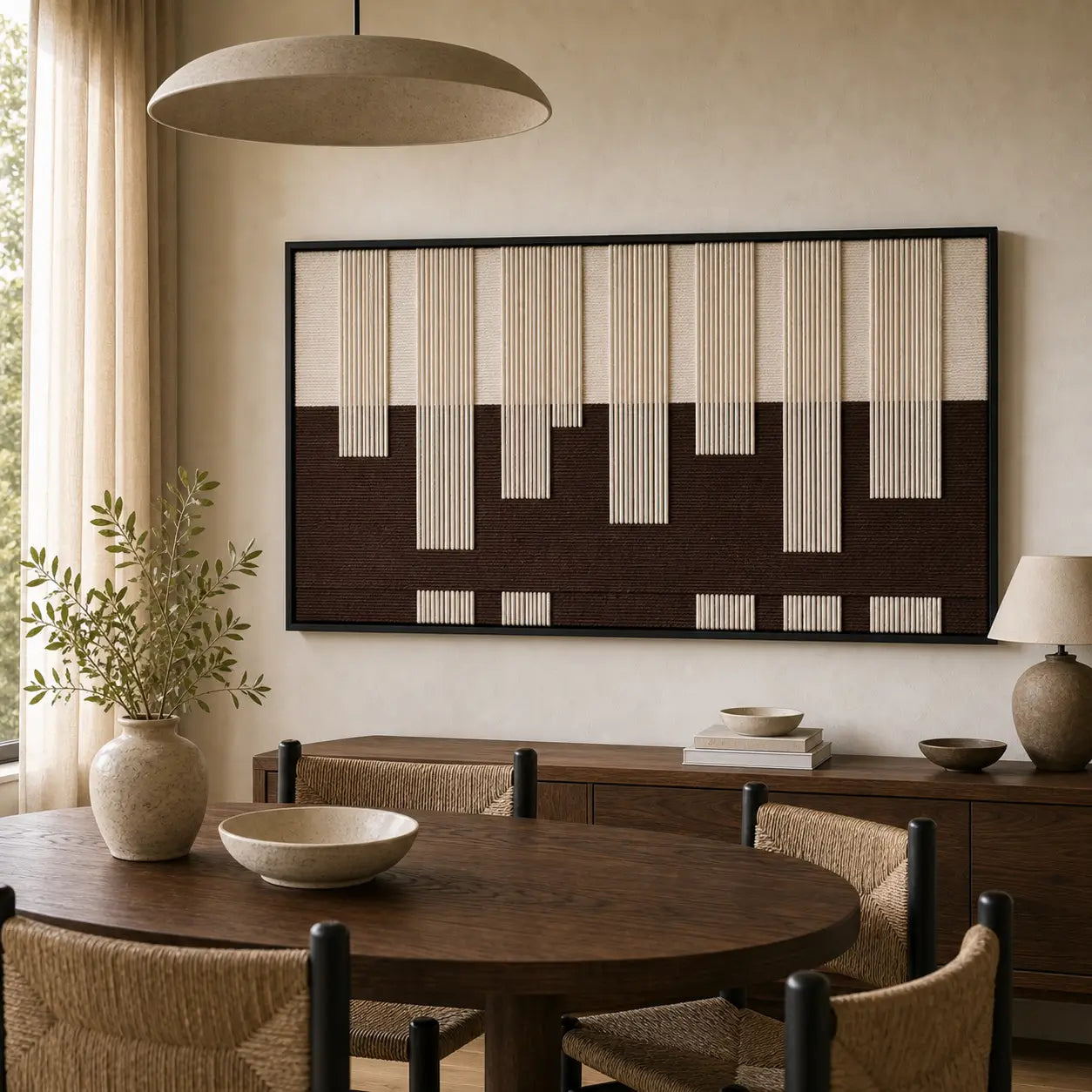 The Ivory Loom framed wall art provides a stunning focal point over a round wooden dining table and chairs.