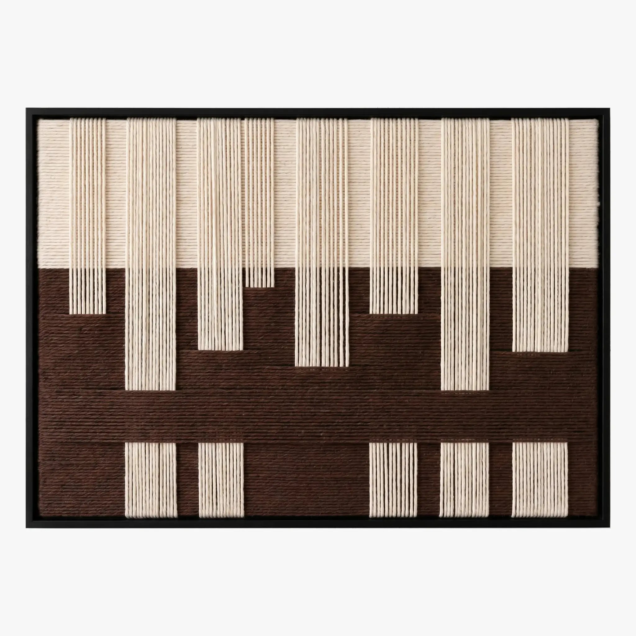 Frontal studio shot of the Ivory Loom hand-woven wool wall art featuring brown and cream geometric patterns.
