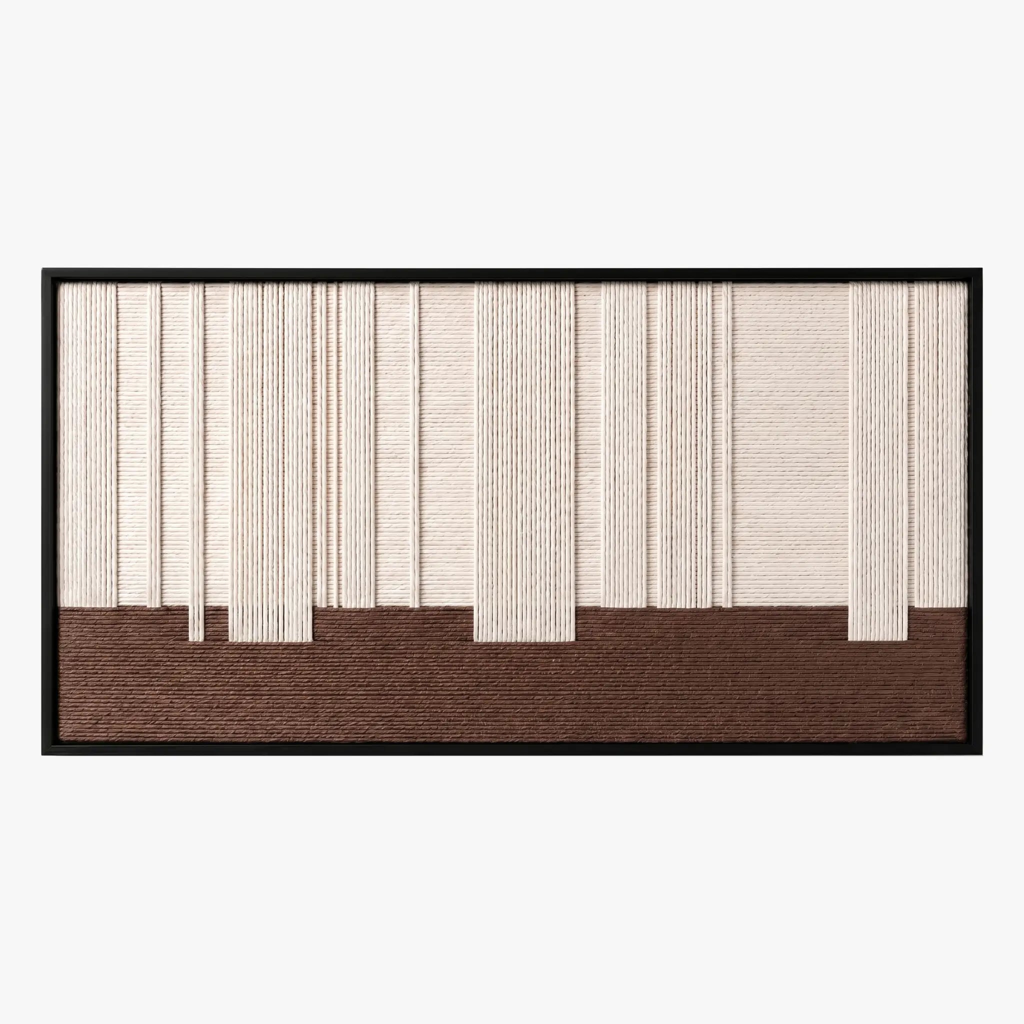 Frontal studio shot of the Ivory Rhythm hand-woven wool wall art featuring textured cream vertical lines over a solid brown base block in a black frame.