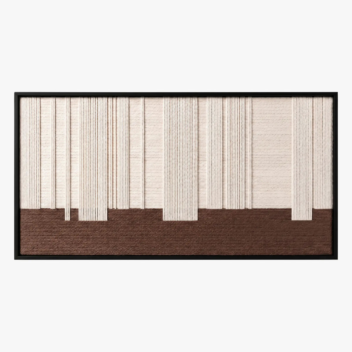 Frontal studio shot of the Ivory Rhythm hand-woven wool wall art featuring textured cream vertical lines over a solid brown base block in a black frame.