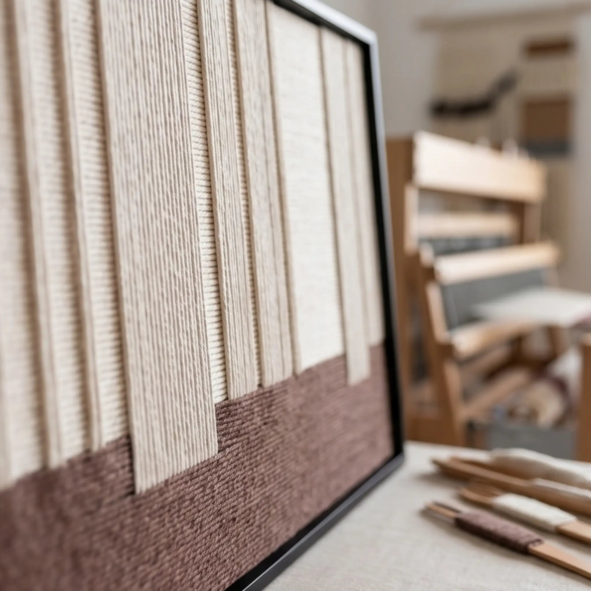 Angled close-up shot of the Ivory Rhythm textile art showcasing the raised dimensional cream yarn ending on a brown base, with weaving tools in the background.