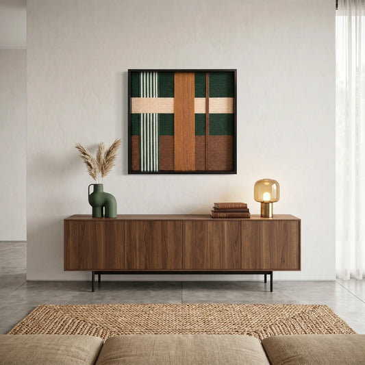 Large square Jade Manor fiber wall art featuring forest green and oak-toned hand-woven wool patterns hanging above a mid-century modern walnut sideboard.