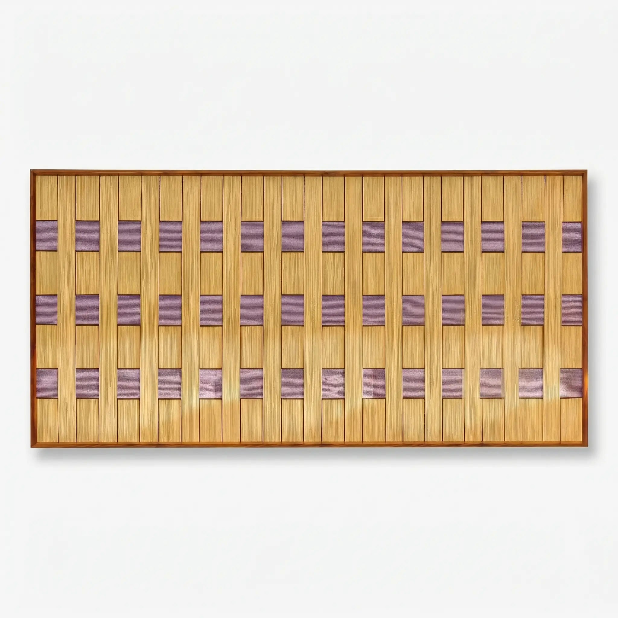 Professional studio shot of the Lavender Fields hand-woven wool wall art in a panoramic oak frame against a white background.