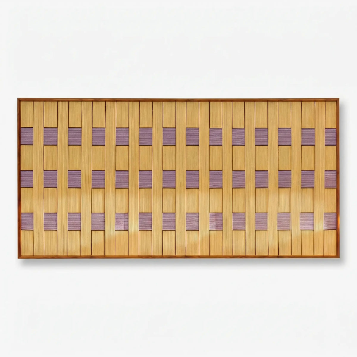 Professional studio shot of the Lavender Fields hand-woven wool wall art in a panoramic oak frame against a white background.