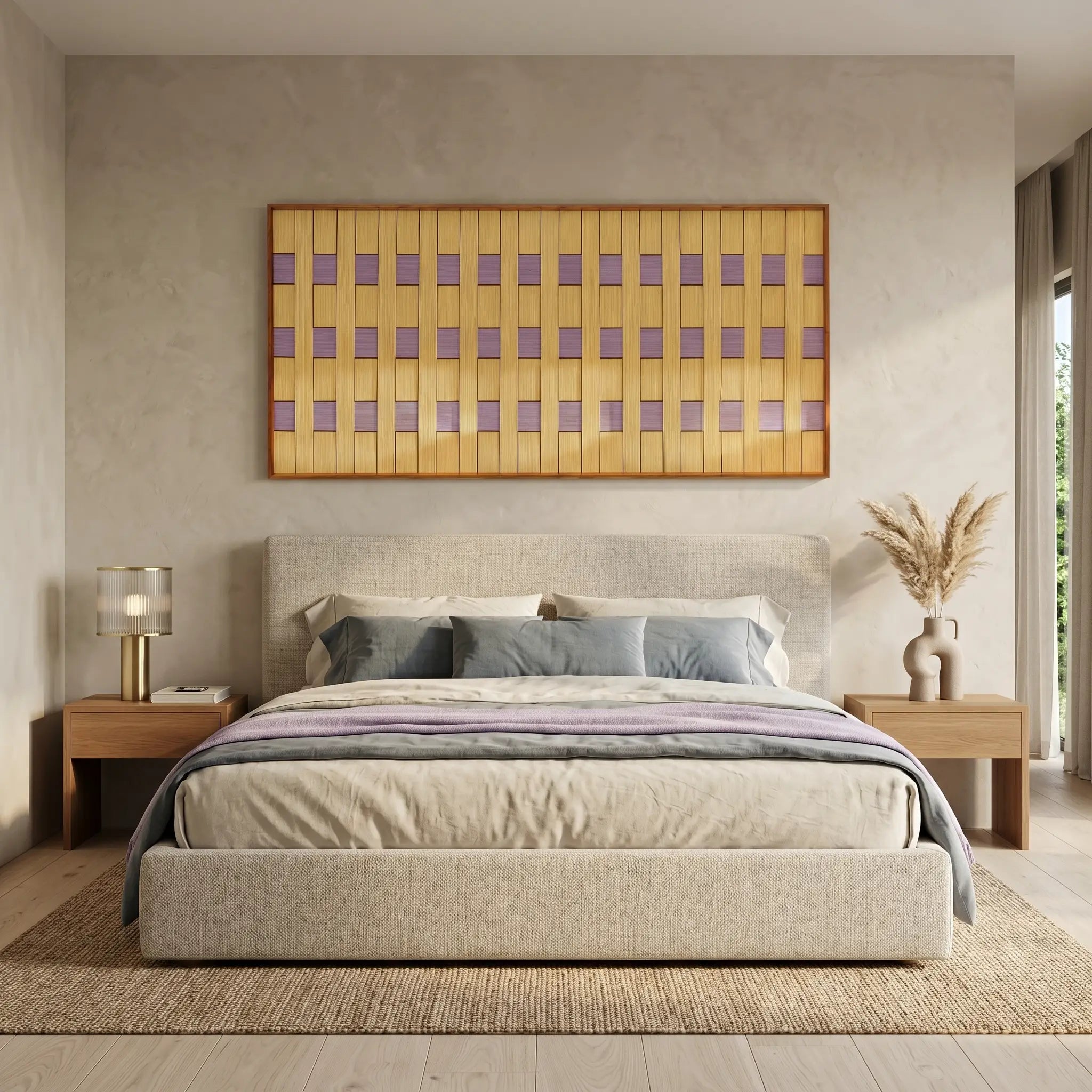 A wide interior perspective of the lavender and yellow wool tapestry hanging in a contemporary bedroom with minimalist furniture.