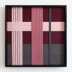 Frontal studio shot of the Lilac Whispers hand-woven wool wall art in a square black frame against a clean white background.