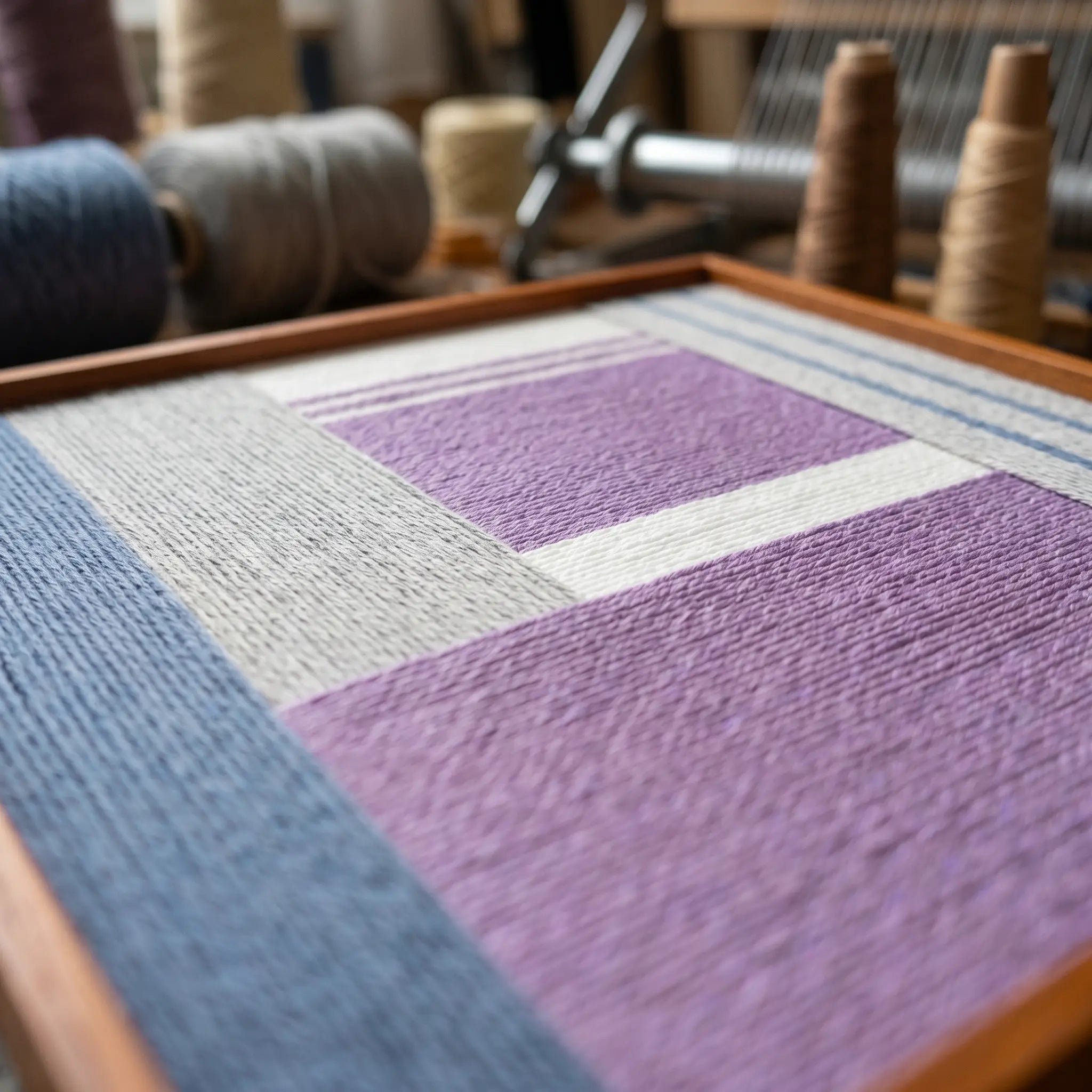 Detailed perspective view of Material Mass hand-woven wool wall art showing purple and grey geometric patterns in a wooden frame.