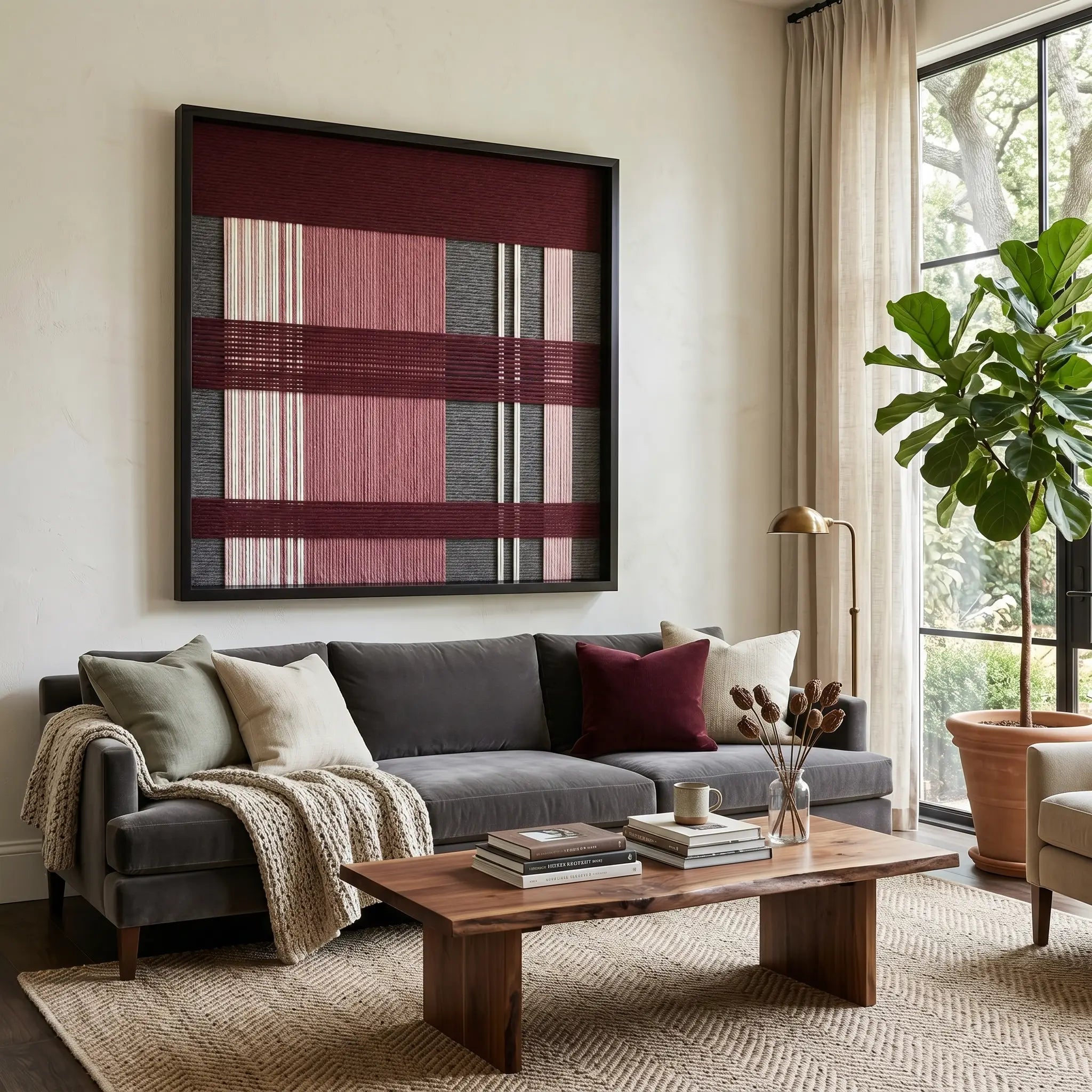 Striking square hand-woven wool tapestry positioned perfectly above a classic grey sofa and a wooden coffee table in a sunlit modern living room.