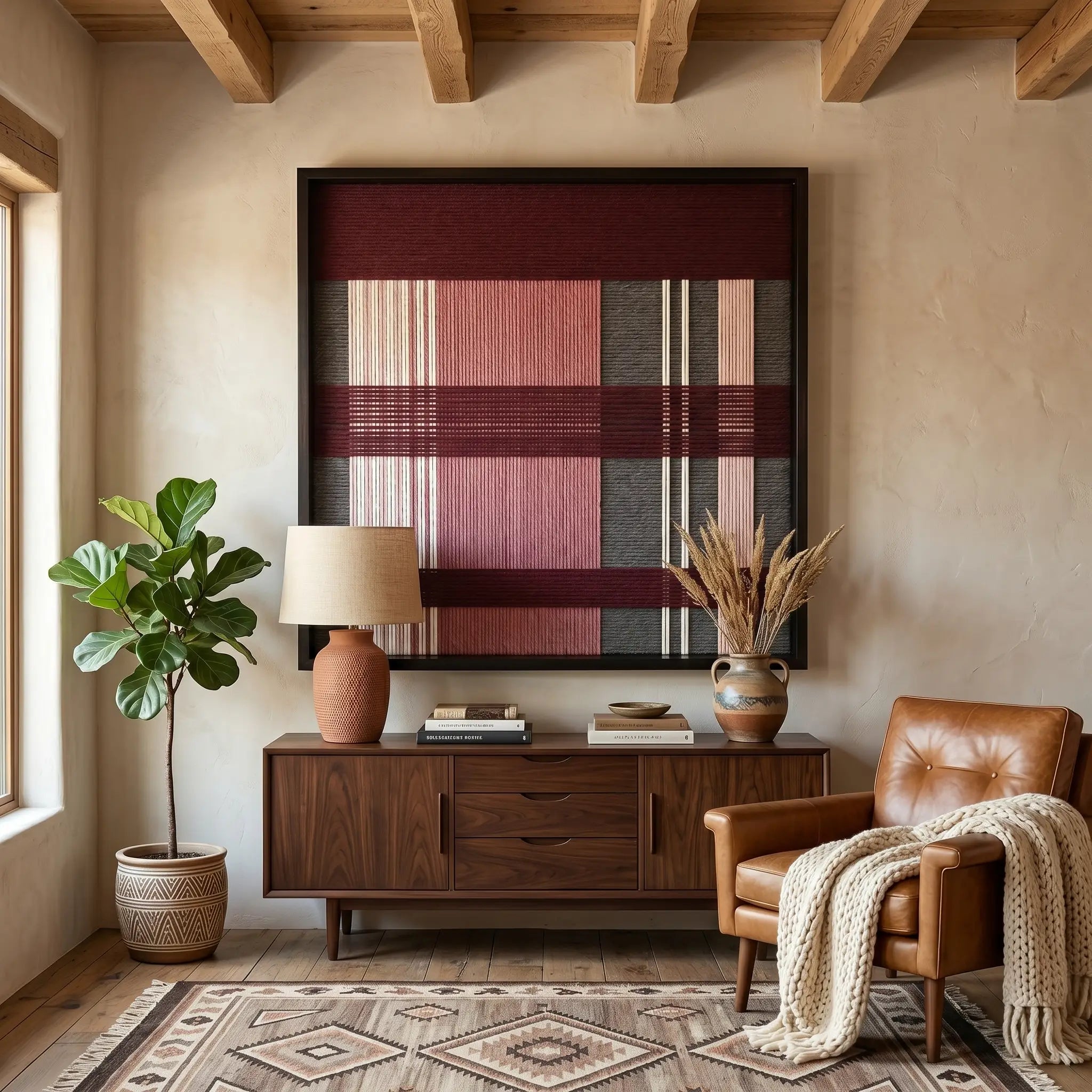 Earth-toned Merlot Veil framed wall art styled elegantly above a dark wood mid-century credenza next to a classic leather armchair and potted plant.
