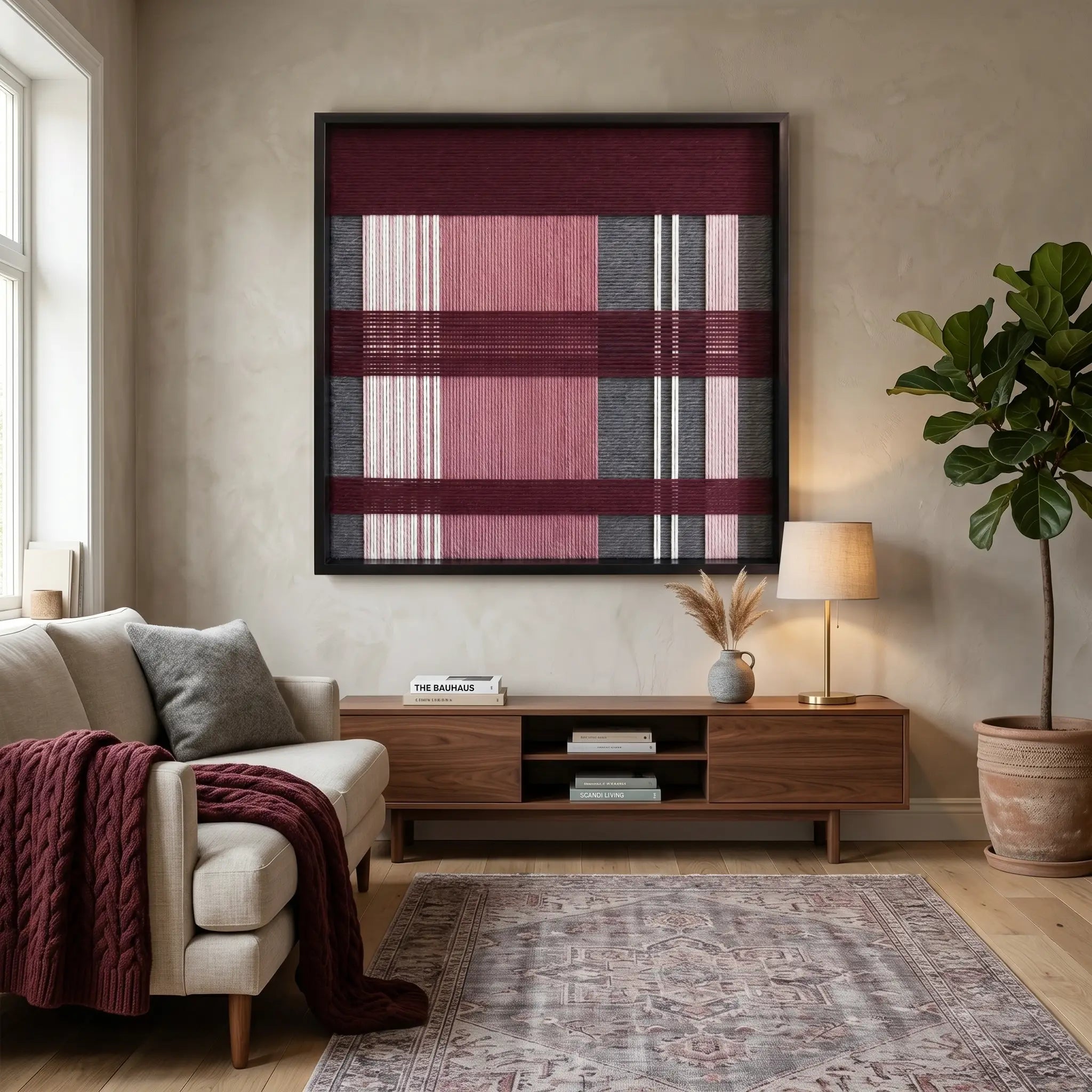 Framed Merlot Veil textile wall art displayed in a bright living room, hanging above a wooden media console next to a cozy beige sofa.