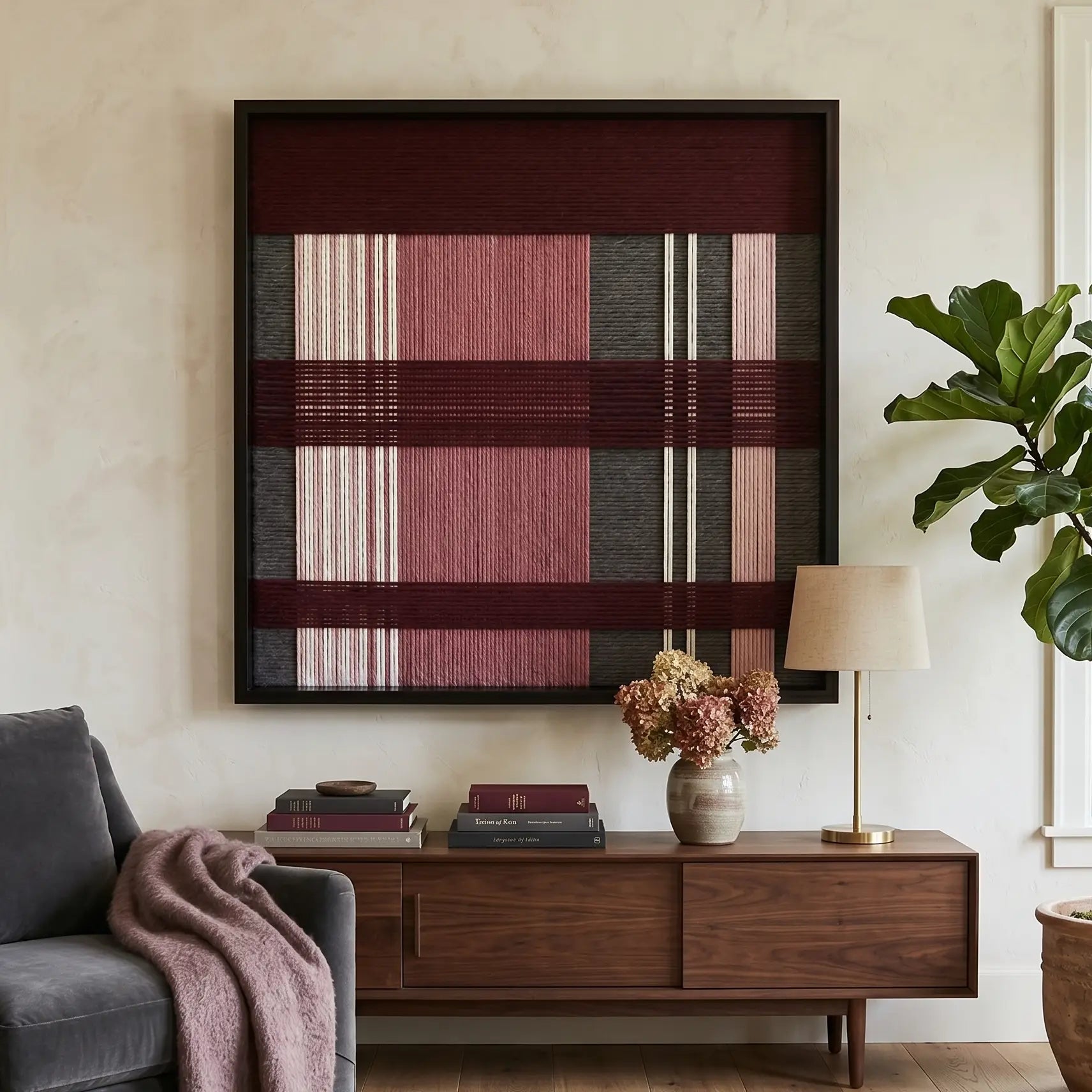 Large square Merlot Veil hand-woven wall art hanging elegantly above a mid-century wooden credenza next to a grey sofa draped with a mauve throw blanket.