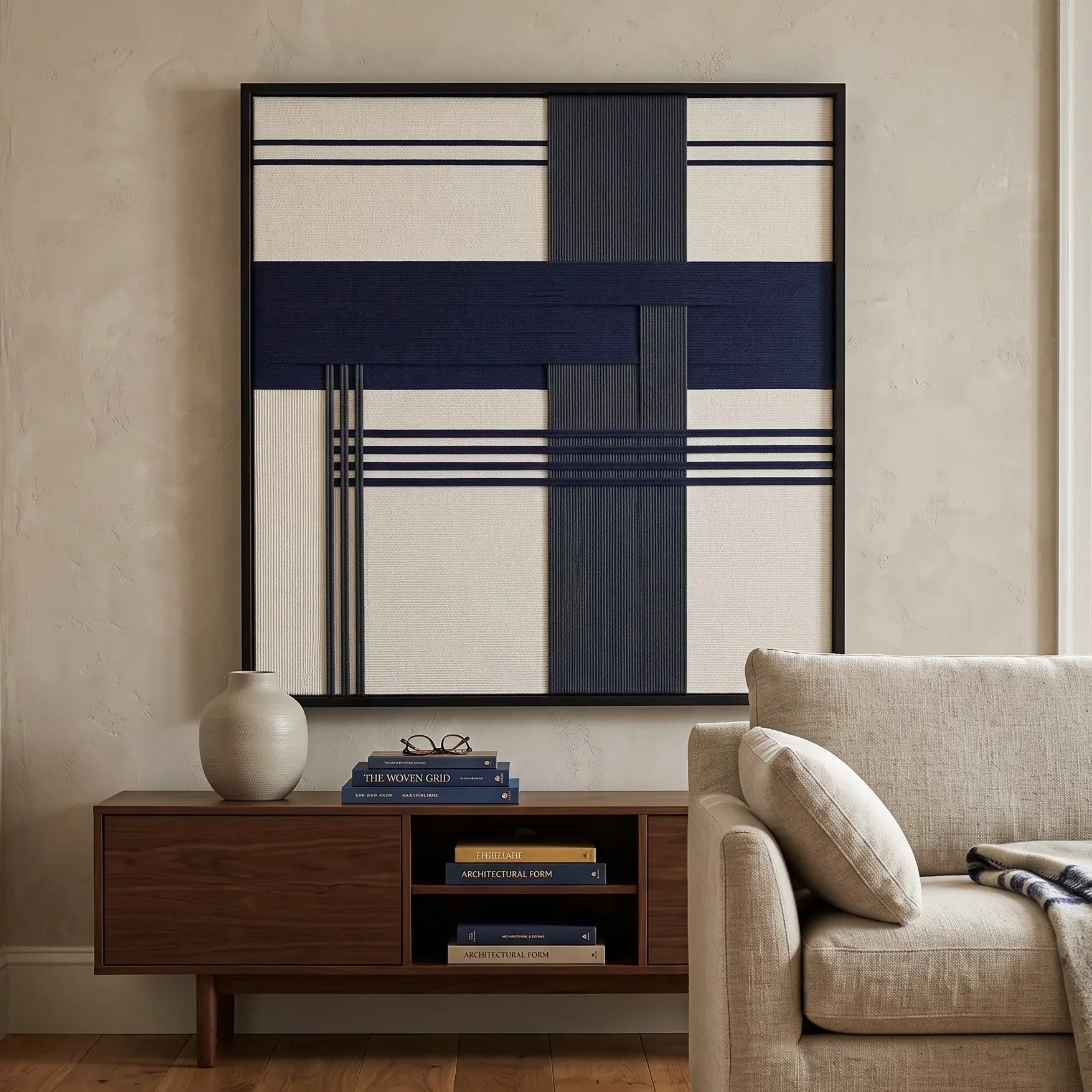 Midnight Axis framed wall art styled above a dark wood credenza in a modern living room with comfortable cream-colored seating.