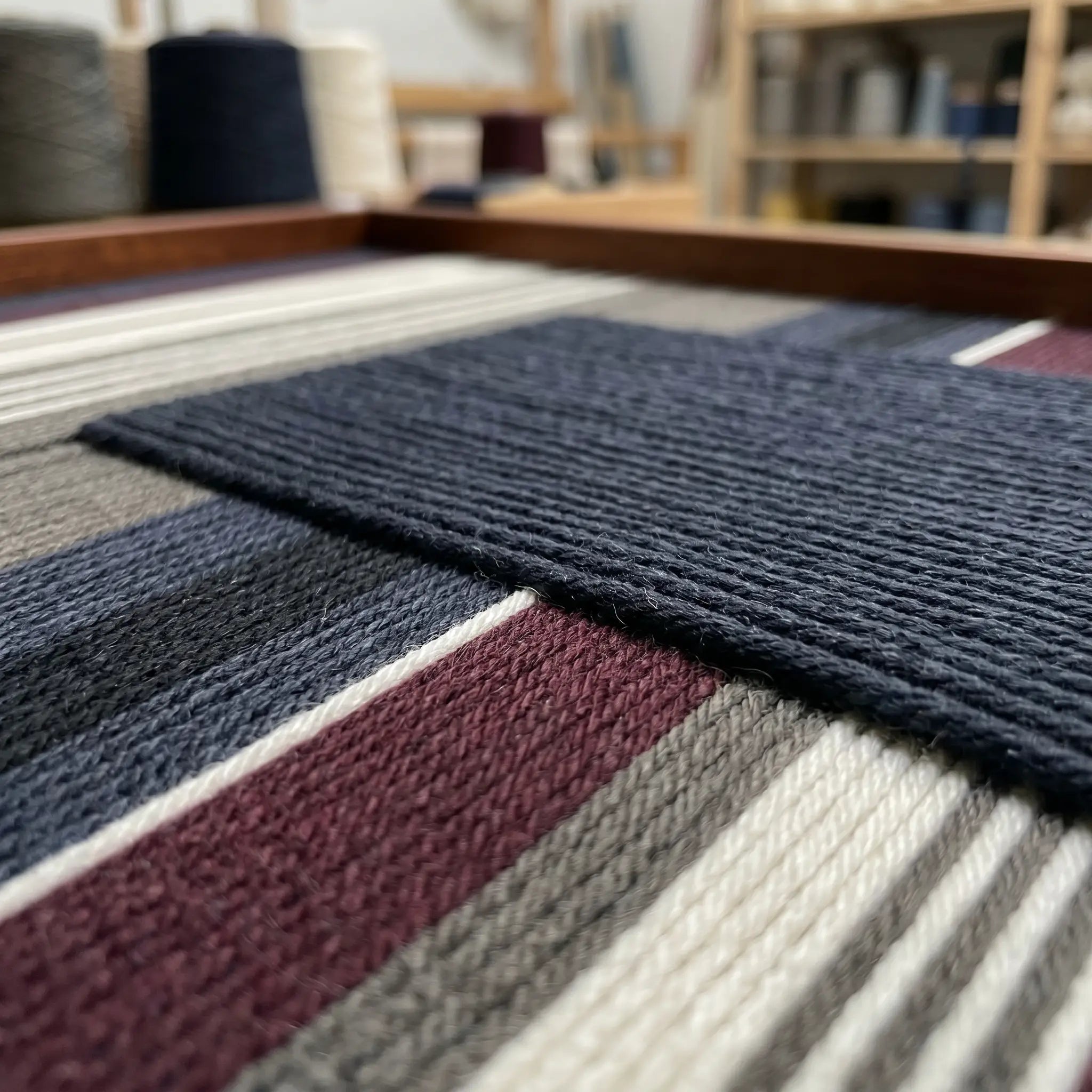 Extreme low-angle macro shot of the Midnight Fjord hand-woven textile art lying flat, highlighting the textured navy patch over burgundy, grey, and cream yarn stripes.