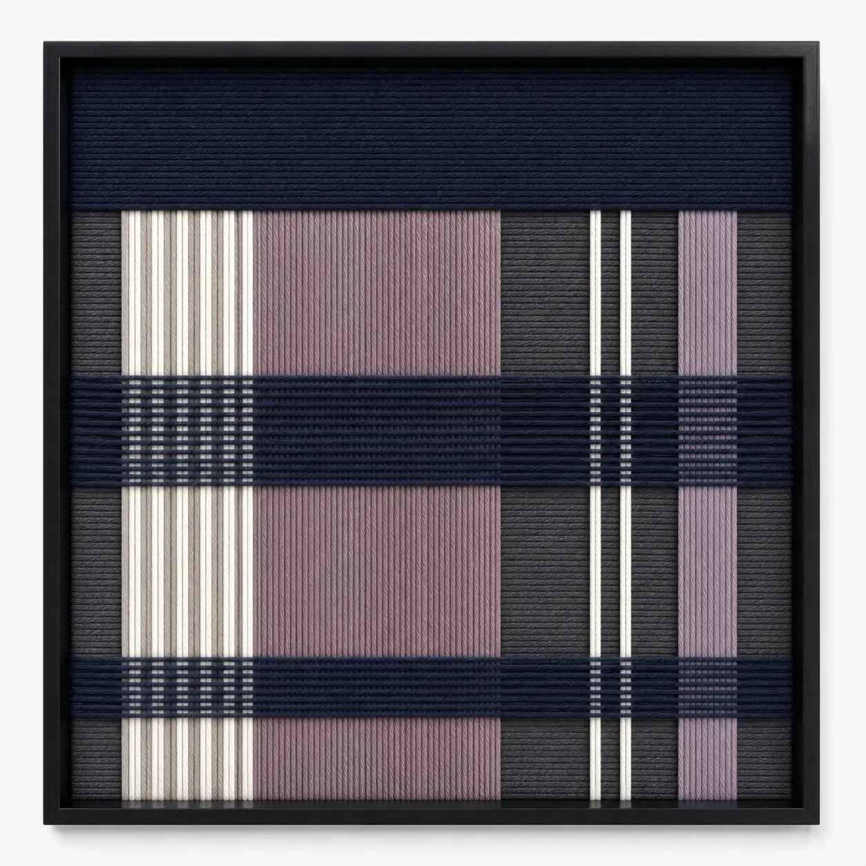 Frontal studio shot of the Midnight Lavender square hand-woven textile wall art featuring navy blue, lavender, and cream geometric plaid patterns in a black frame.