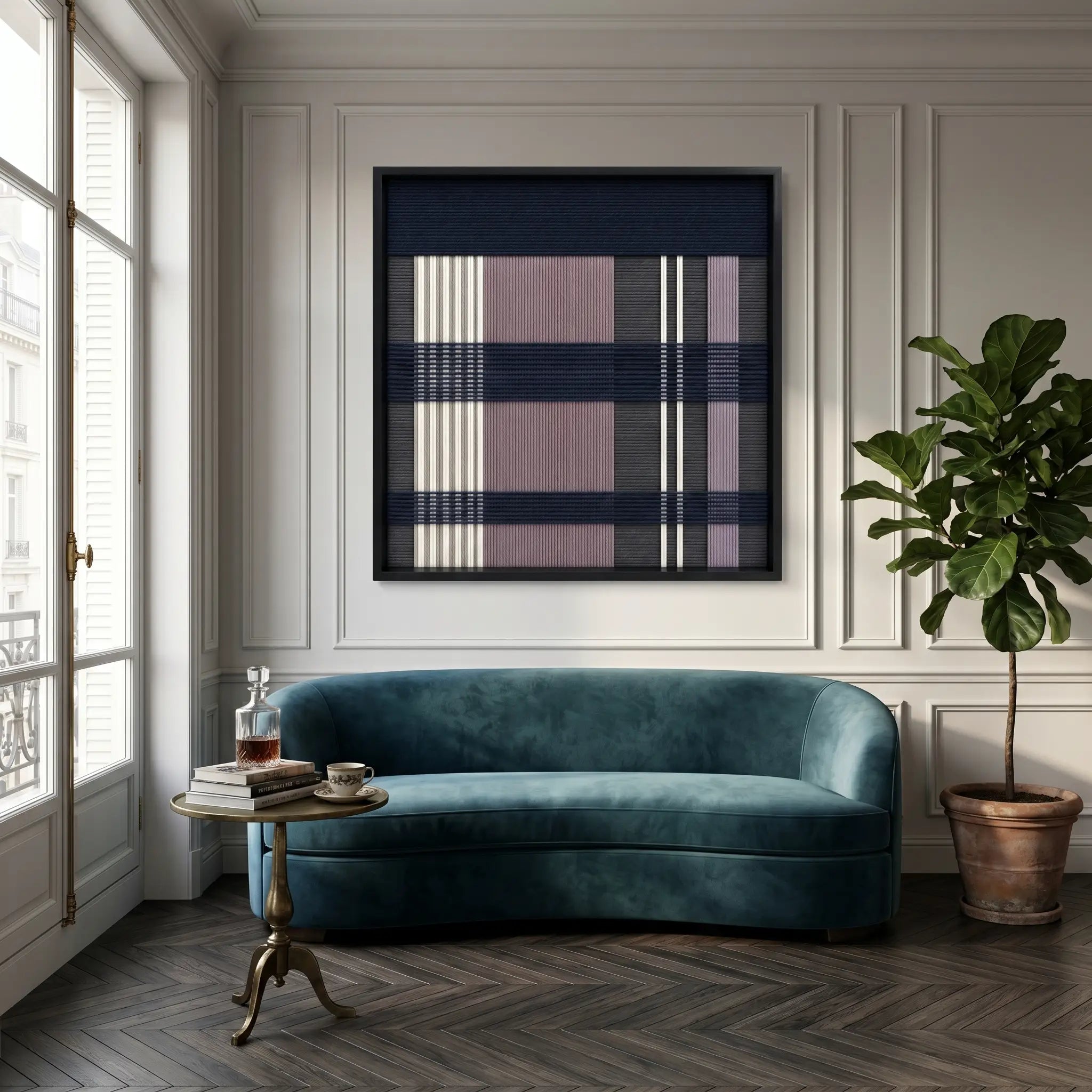 Large square Midnight Lavender hand-woven wall art hanging elegantly above a plush teal velvet curved sofa in a classic, brightly lit living room.