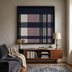 Earth-toned Midnight Lavender framed wall art styled elegantly above a dark wood mid-century credenza in a cozy living room featuring a dark grey sofa.