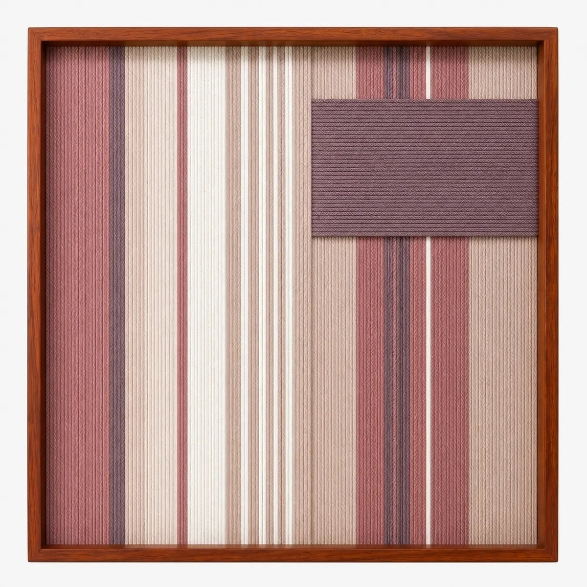 Frontal studio shot of the Midnight Plum square hand-woven textile wall art featuring mauve, beige, and white vertical stripes with a solid plum purple patch in a wooden frame.