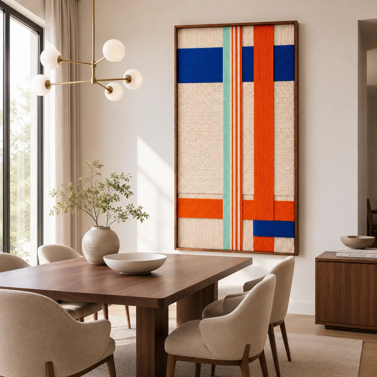 The Midtown Rhythm wool art piece styled in a contemporary dining room, adding a sophisticated, modern touch to the interior wall decor.