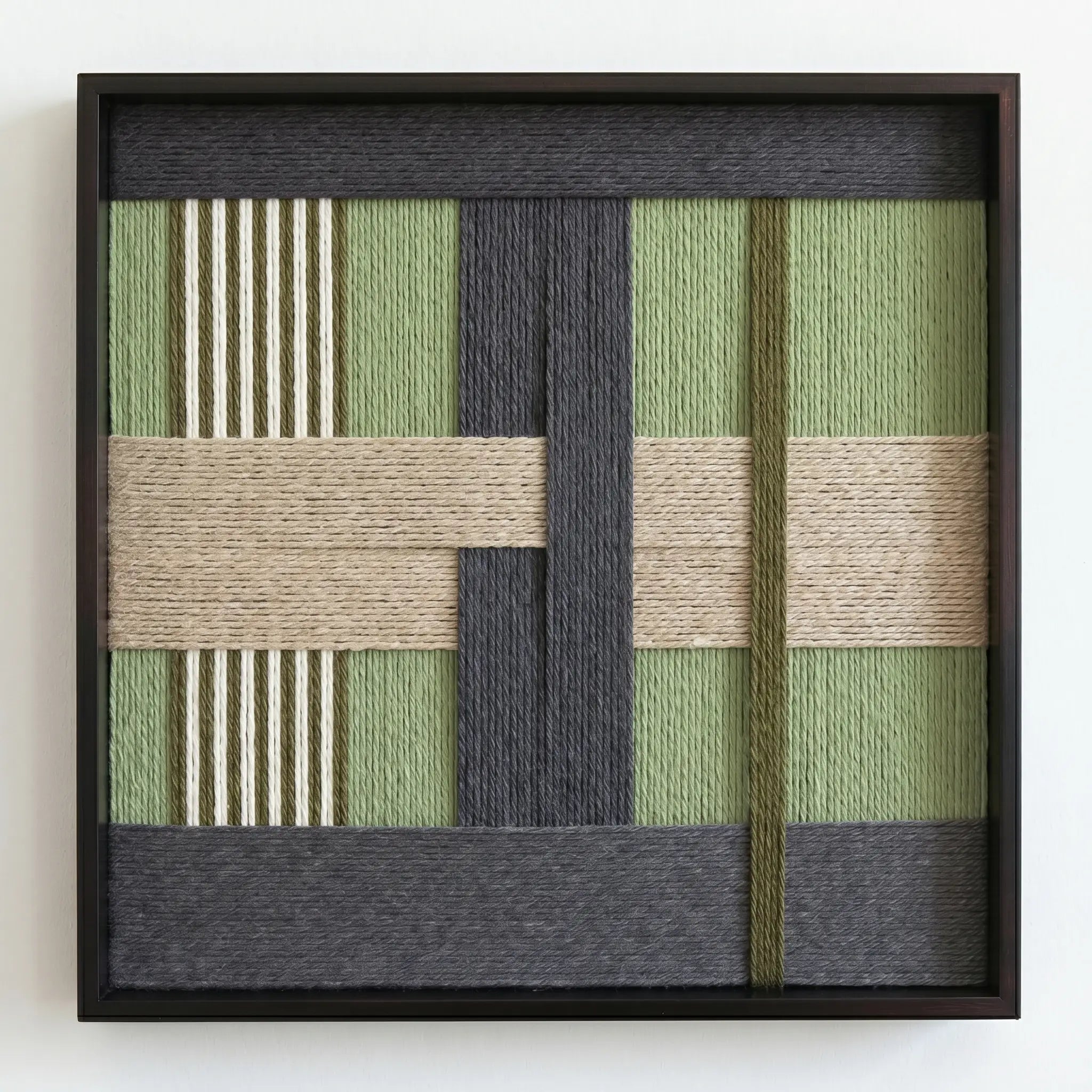 Frontal studio shot of the Misty Forest hand-woven wool wall art in a square black frame against a clean white background.