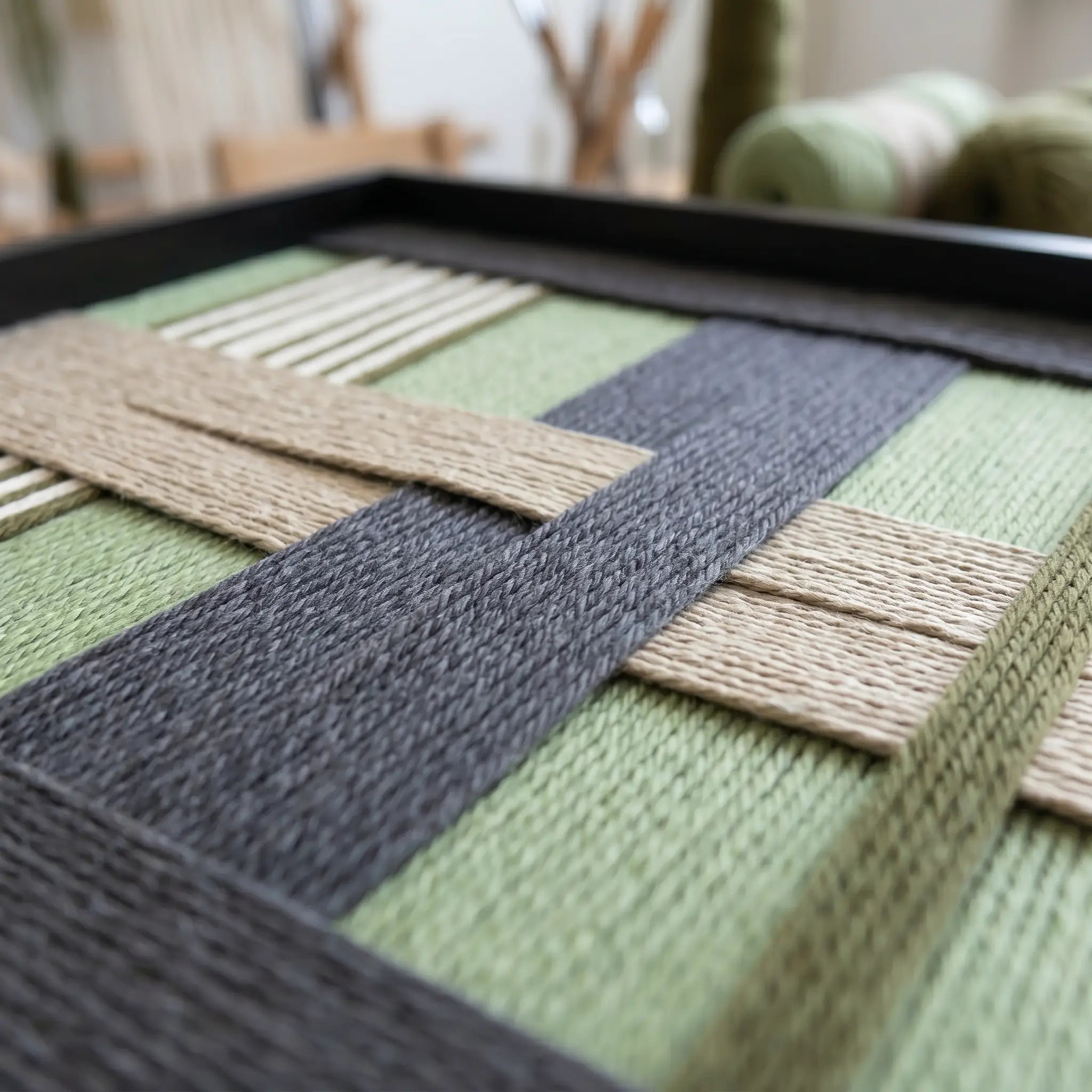 Side profile close-up of the framed fiber art showing the sleek black frame and the tactile, high-density wool weave.