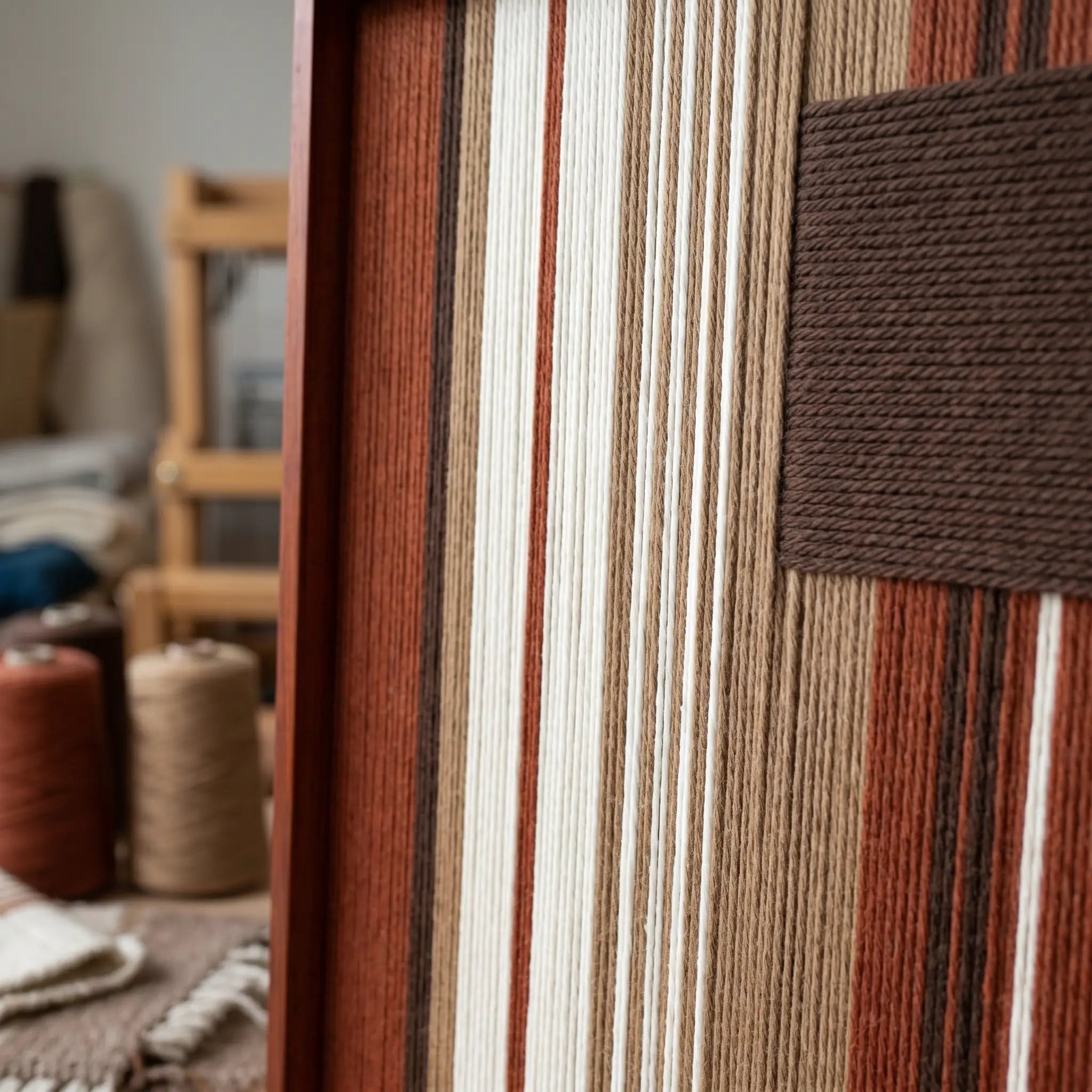 Angled close-up of the framed Mocha Prelude hand-woven tapestry showcasing the wooden frame and dimensional dark brown patch against striped earth-toned wool.