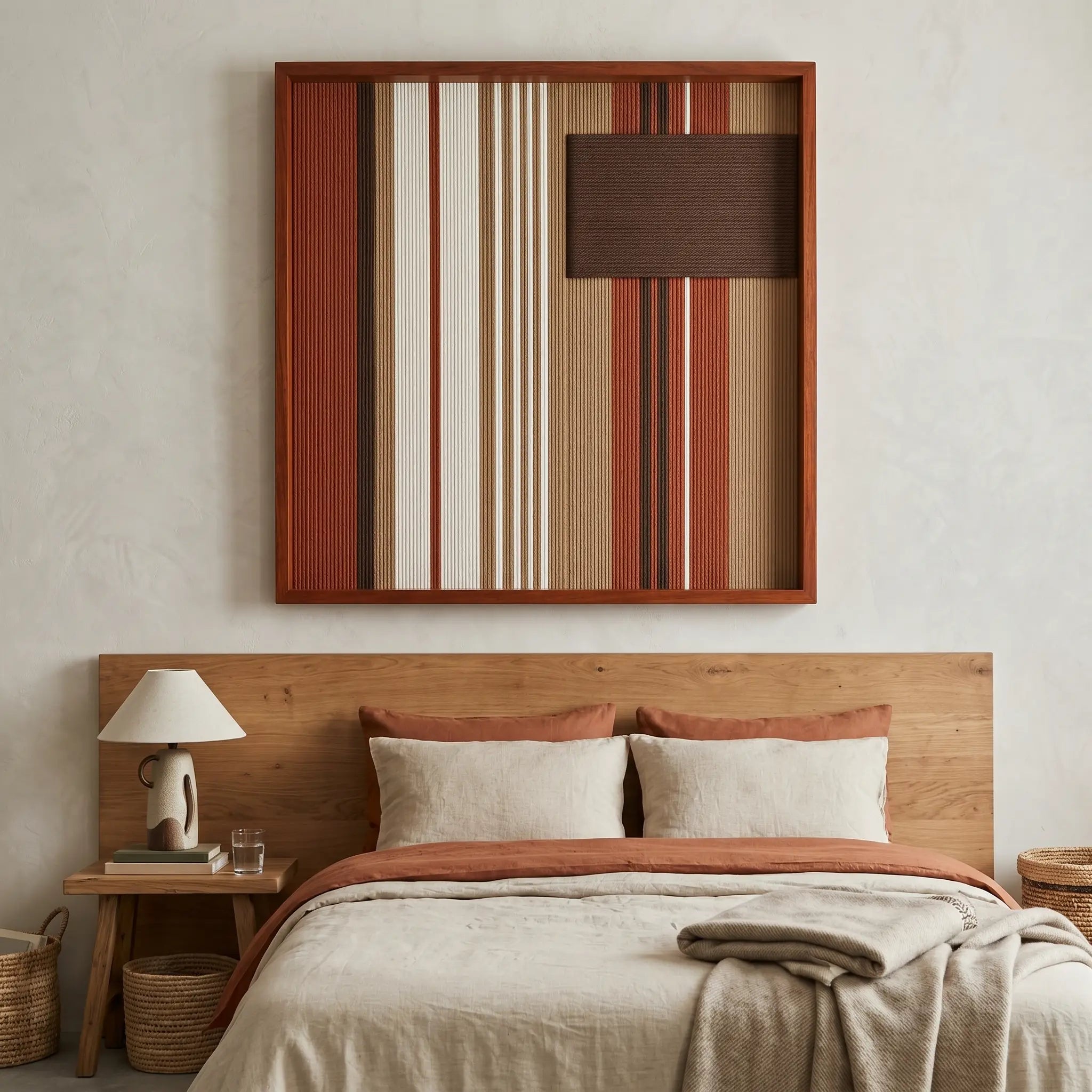 Beautiful square framed hand-woven textile wall art styled elegantly above a wooden bed frame with matching rust and cream bedding in a cozy bedroom.